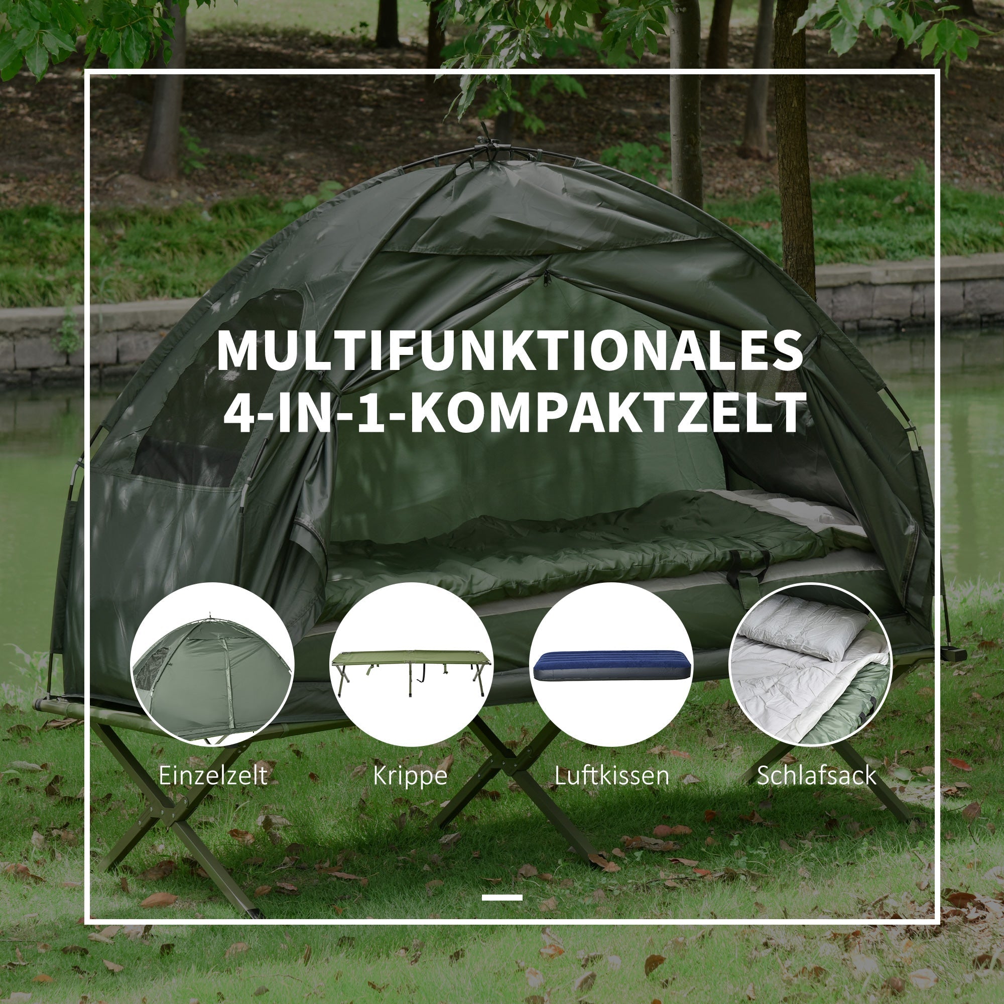 4-in-1 Camping Bed Set Tent Sleeping Bag Mattress Foldable, Dark Green
