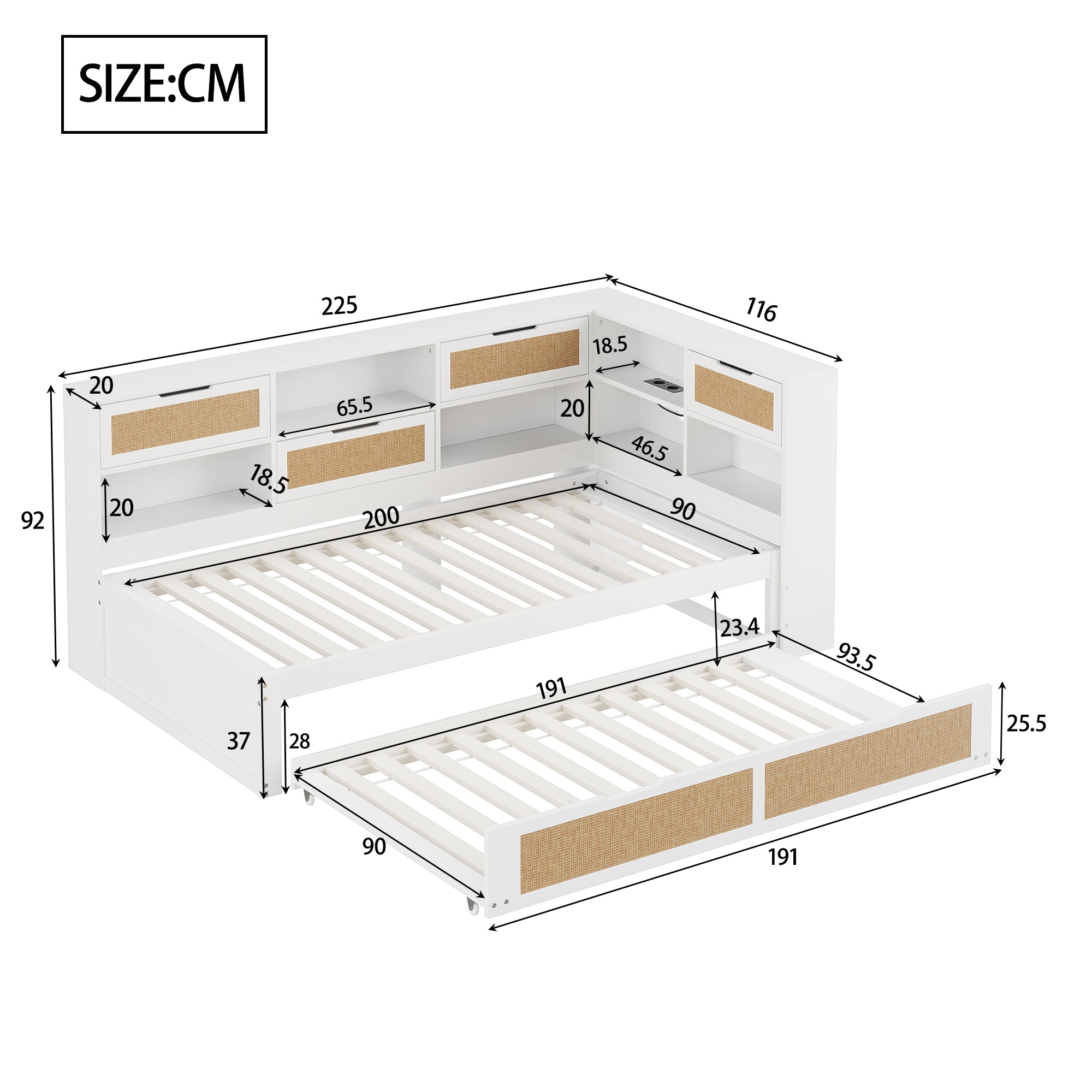 Sofa Bed, Wooden 90*200 Pull-out Multifunctional Single with Storage & Charging Port, White