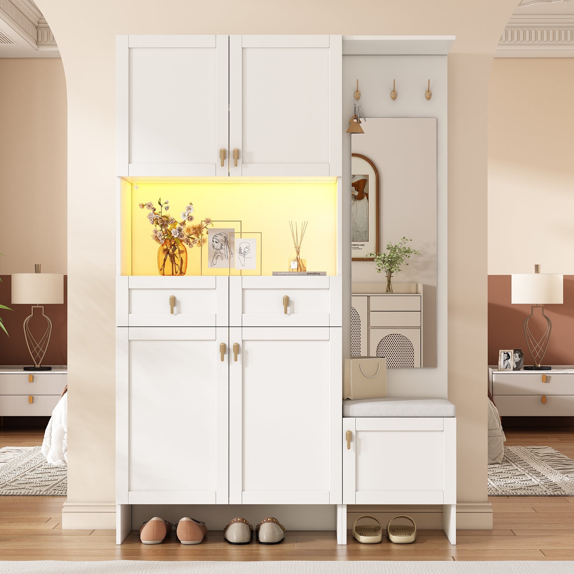 Wardrobe Set Shoe Bench Shoe Cabinet Mirror Storage - White