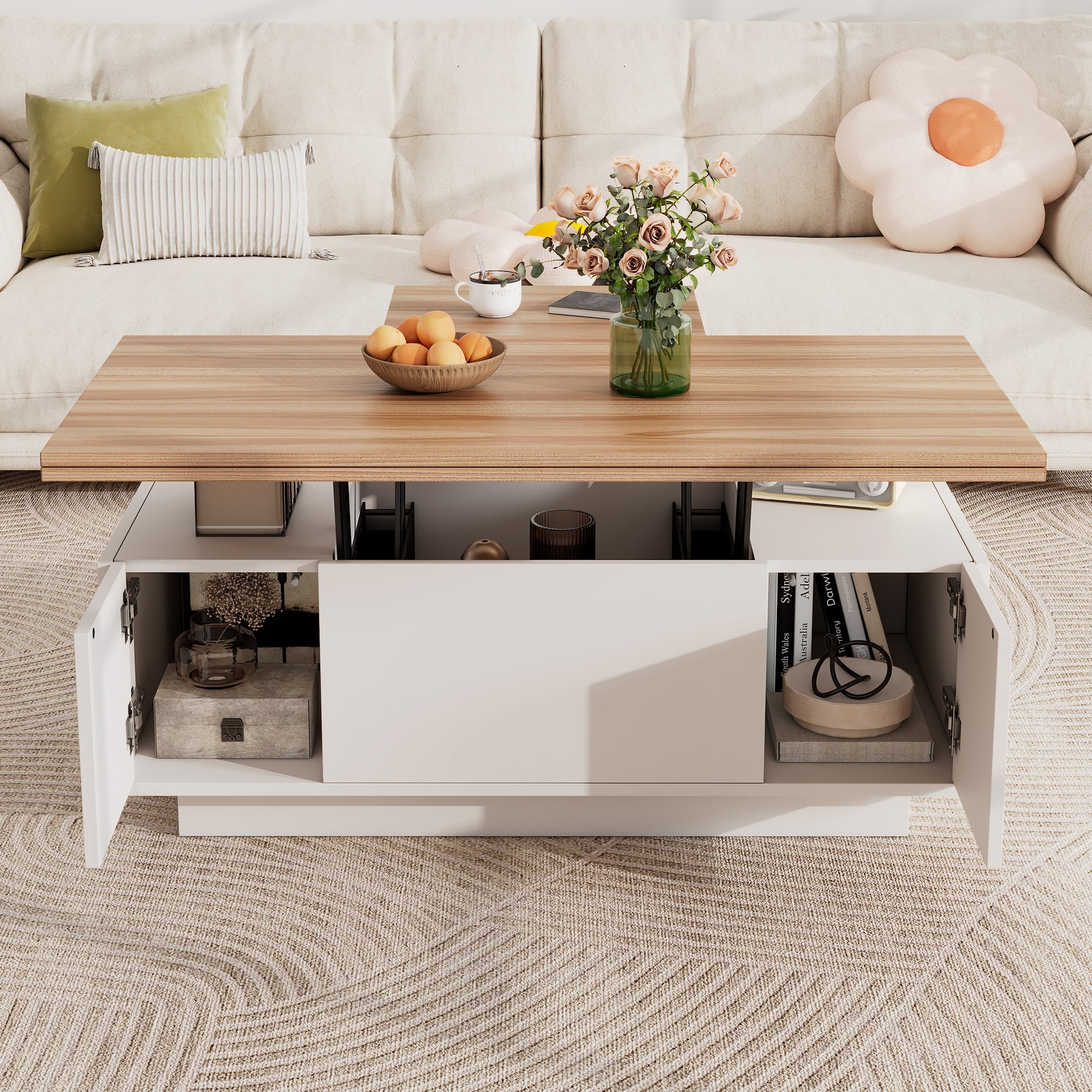 Coffee Table, Modern Double Lift Mechanism with Hidden Storage, 50kg Capacity
