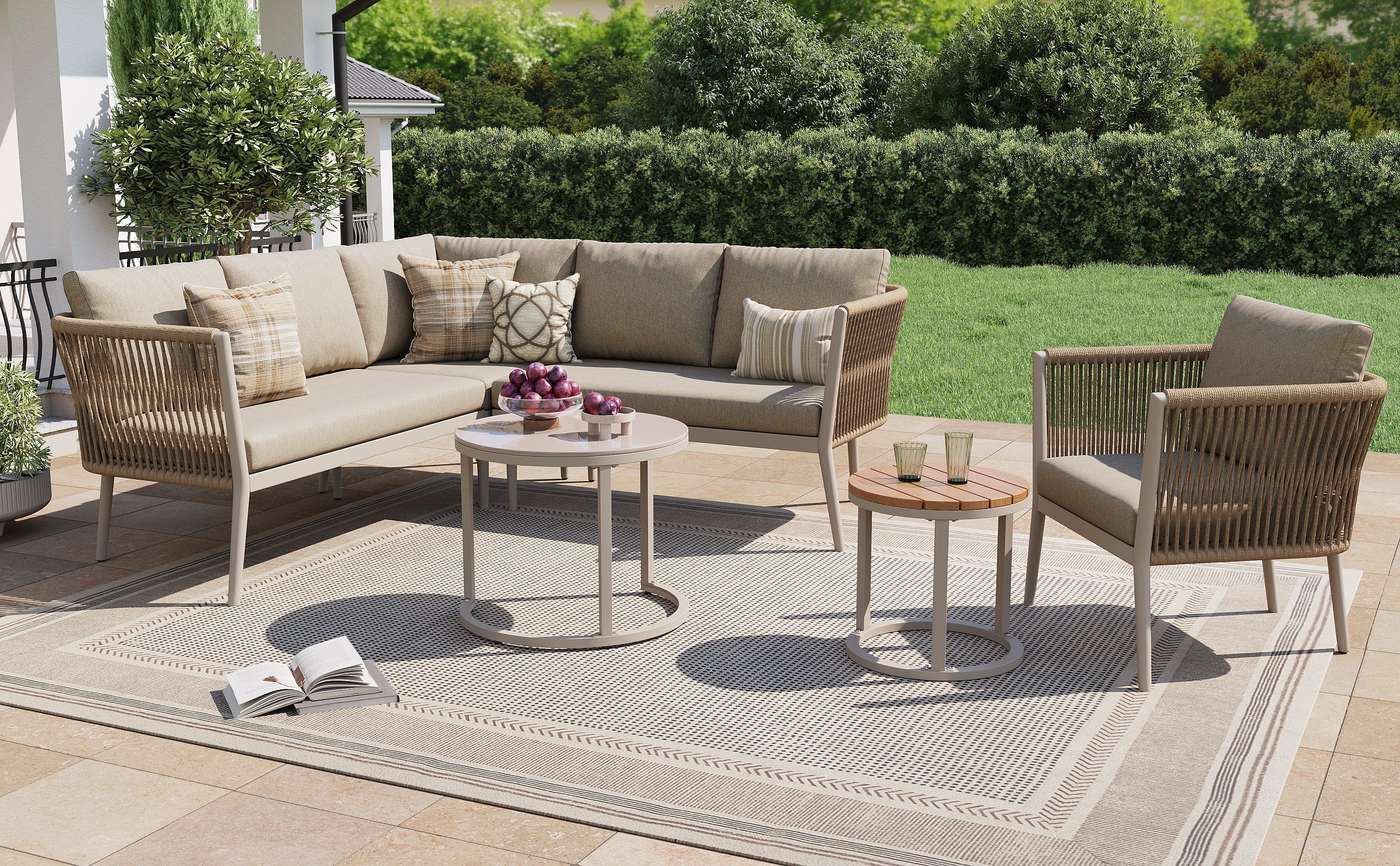 Garden Lounge Set for 5-6 People, 6-Piece Modular Corner Outdoor Sofa with Waterproof Cushions, PE Rattan Beige