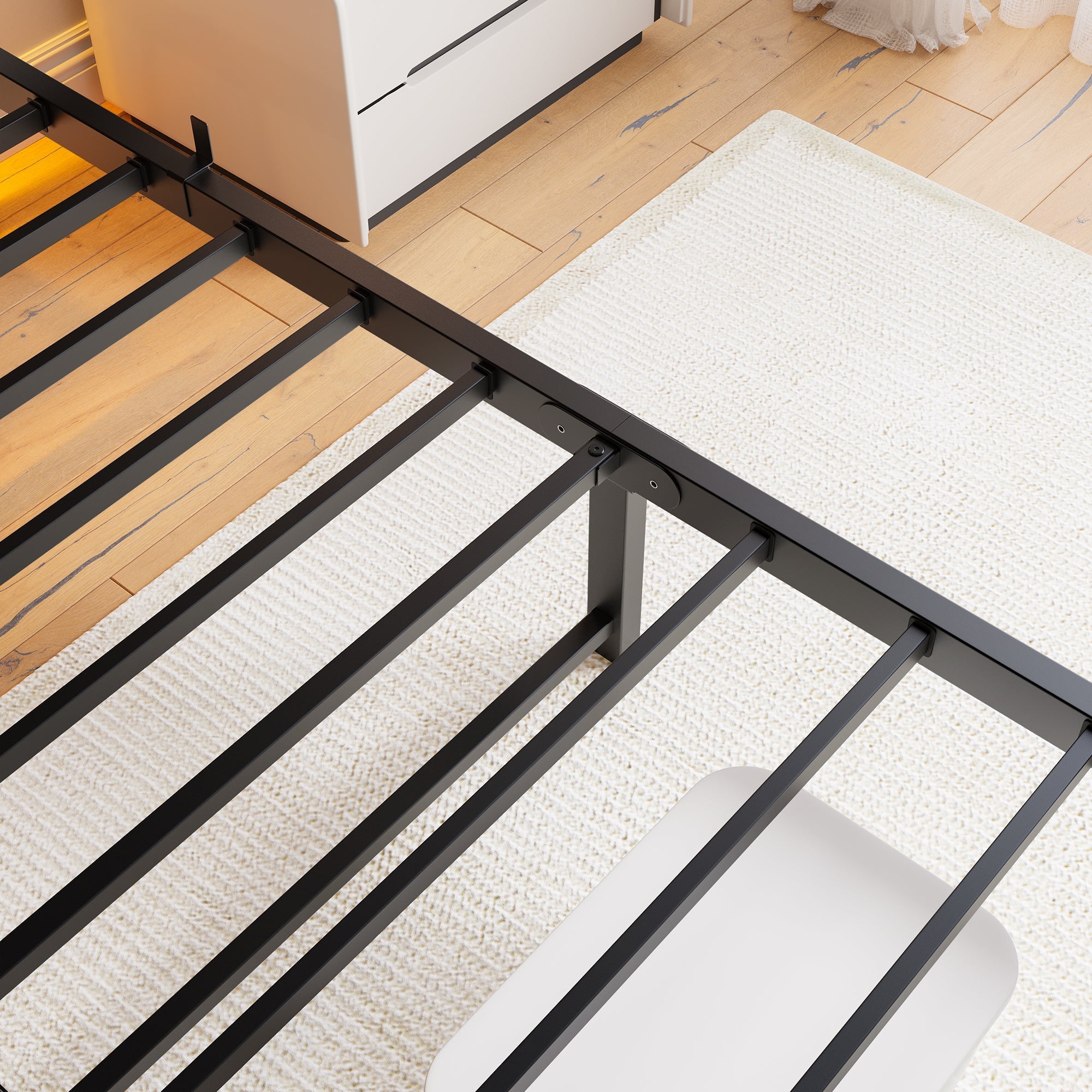 Metal Bed Frame 140x200cm, LED Lighting USB Charging Station Under-Bed Storage, Metal