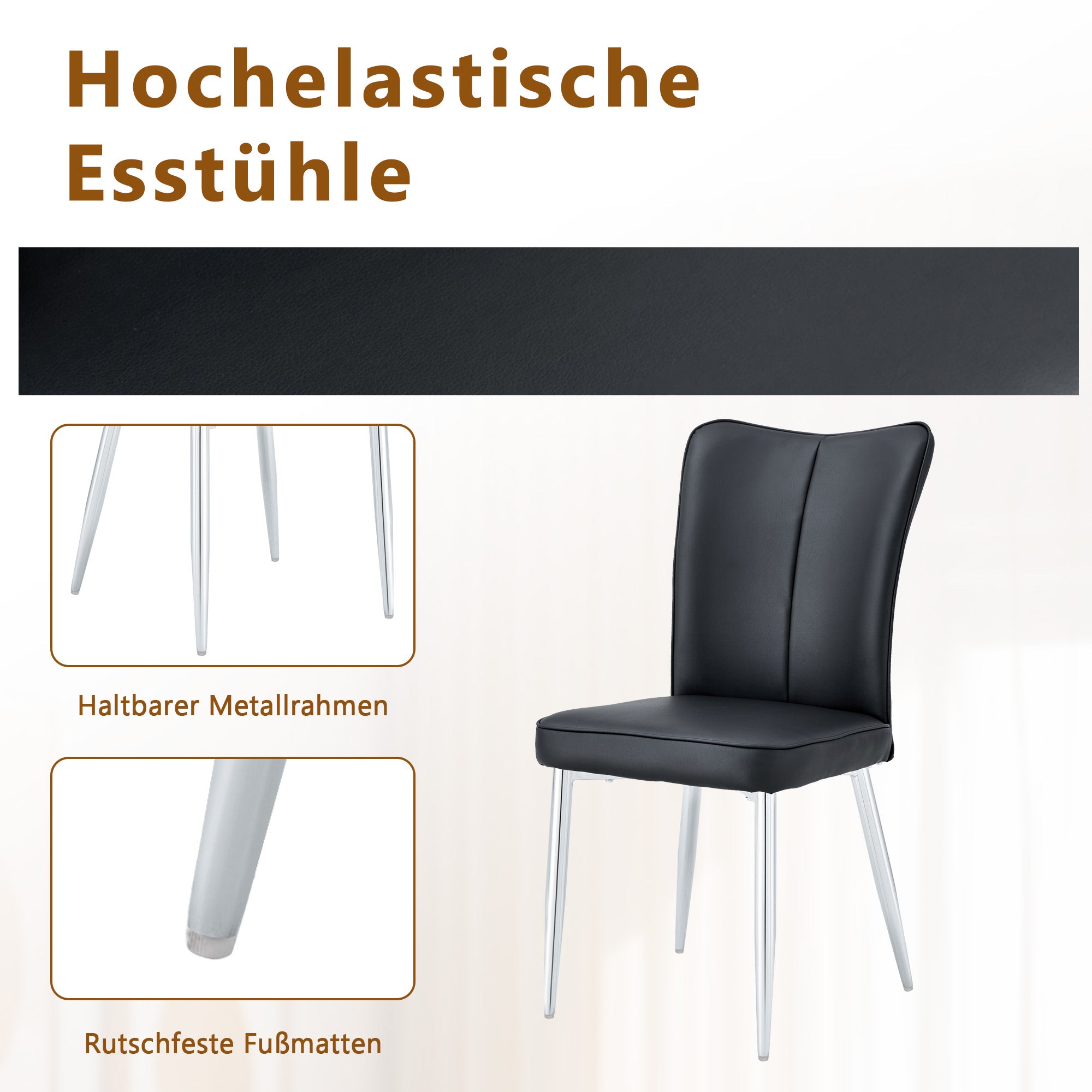 Dining Set 85cm Tempered Glass Table 4 PU Chairs Minimalist - Black
