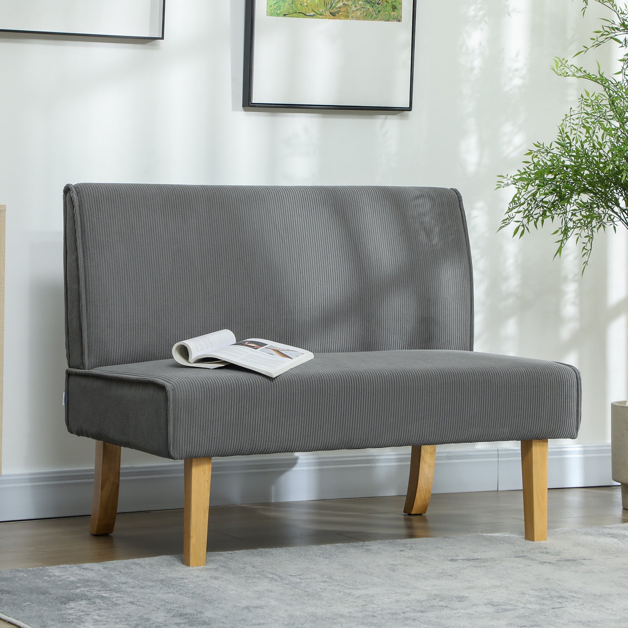 2-Seater Sofa Upholstered Wooden Legs 110cm Corduroy-Look, Grey