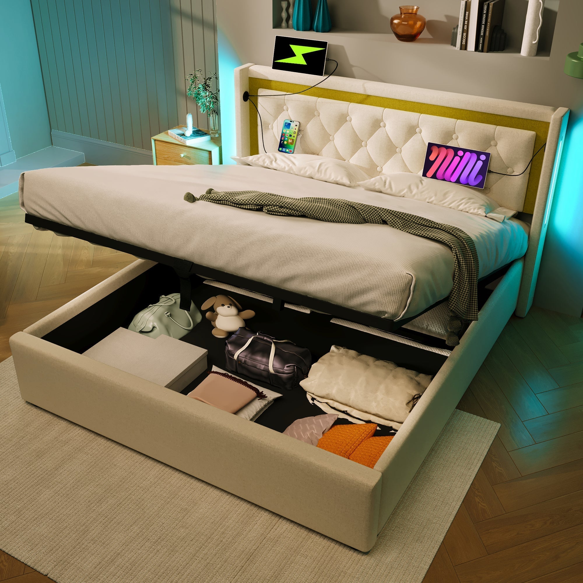 Upholstered Bed with LED, Storage, USB-C Headboard, 140x200 Cotton