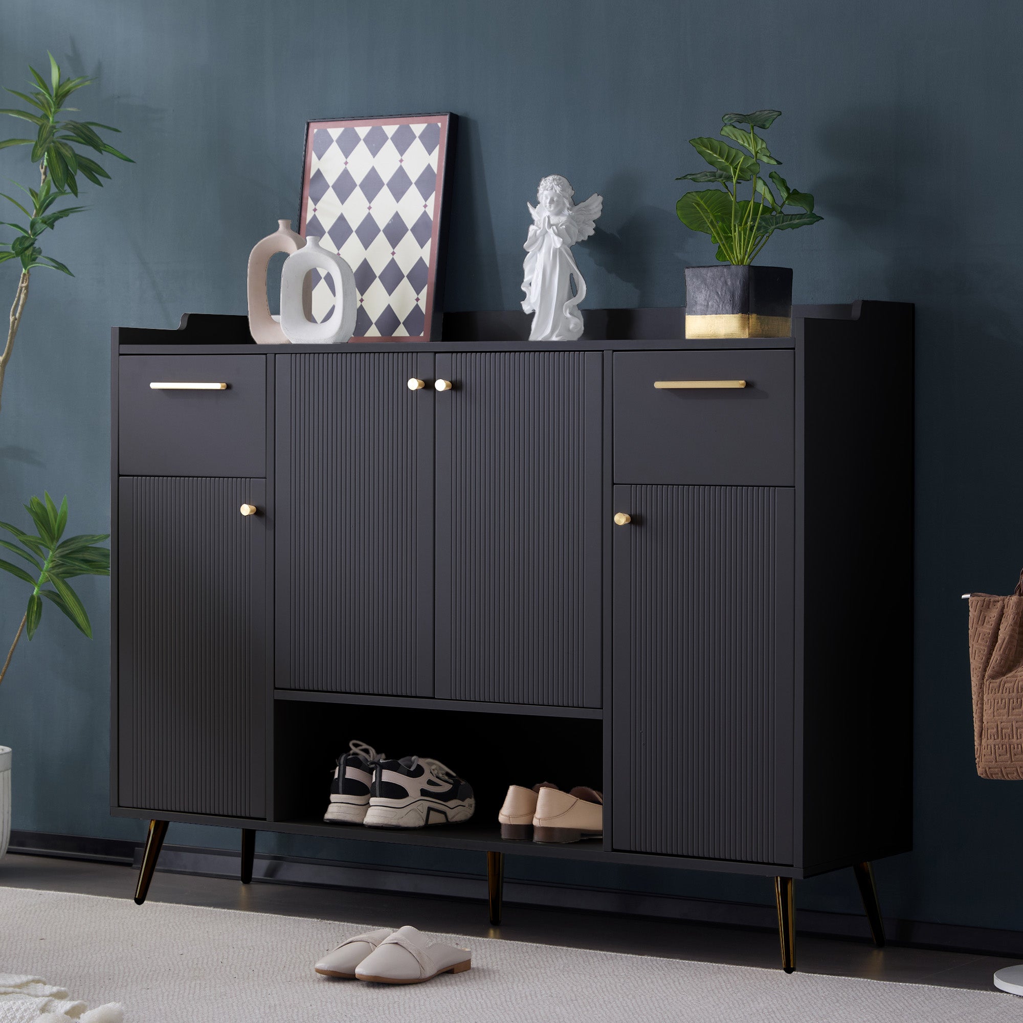 Shoe Cabinet, Shoe Rack with 2 Drawers and 4 Doors, Metal Feet, Black