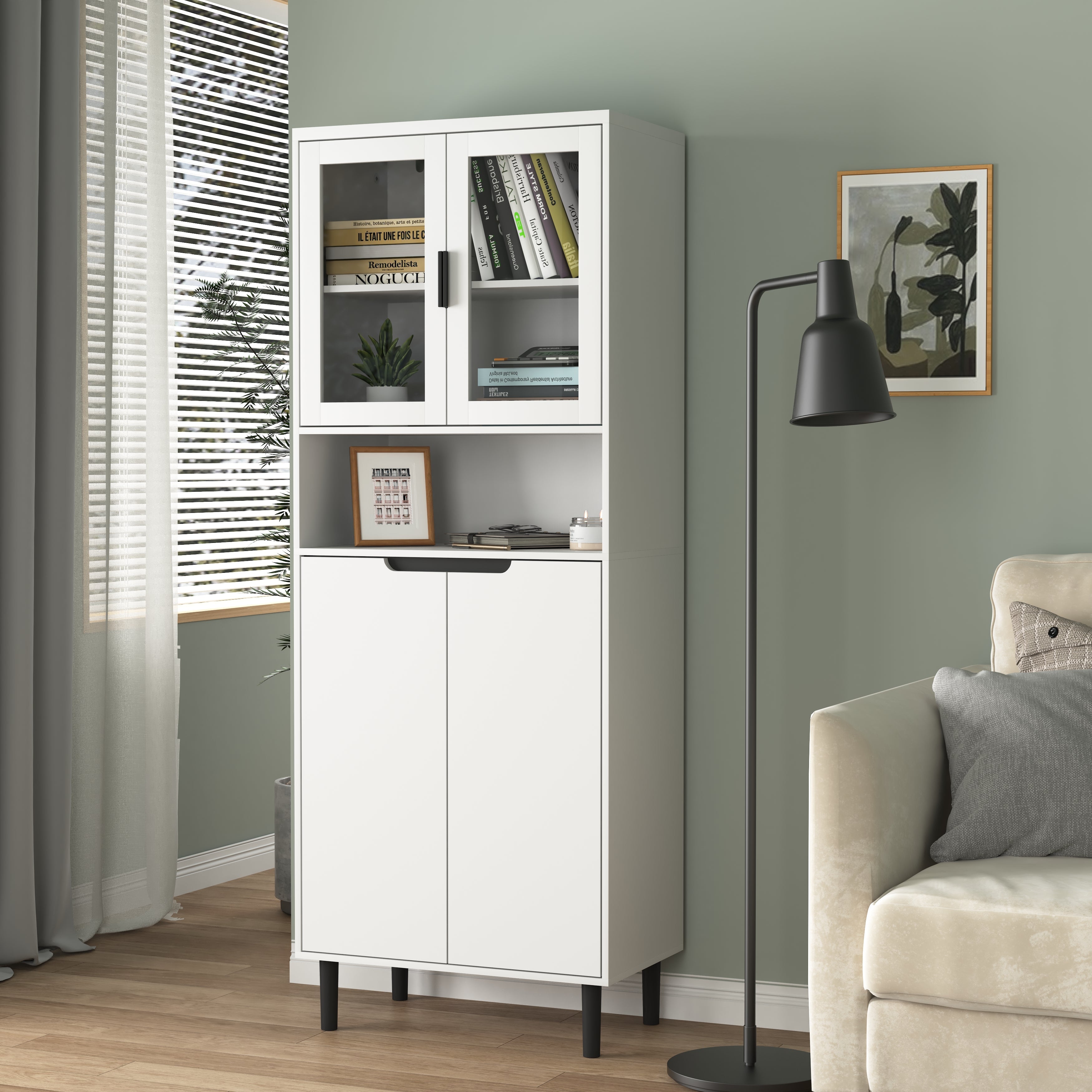 Tall Bookcase 4-Door Tempered Glass Adjustable Shelf - White