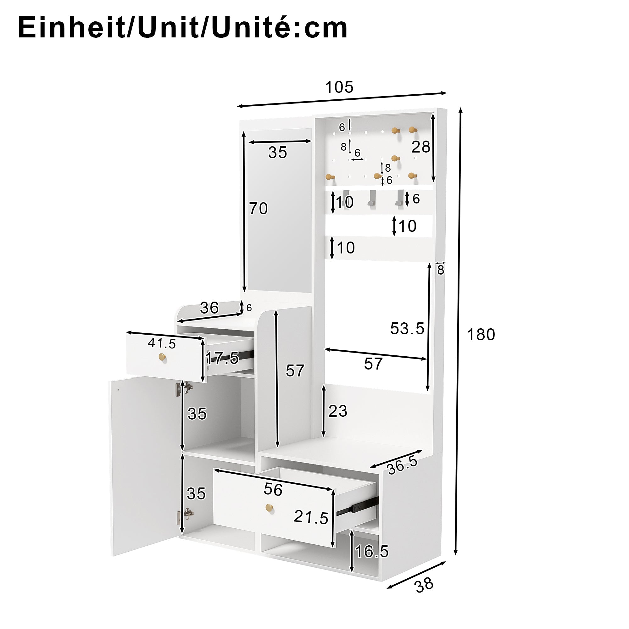 Compact Wardrobe, Entryway Shelf with Mirror, Adjustable Hooks, Shelves, 105 cm, White