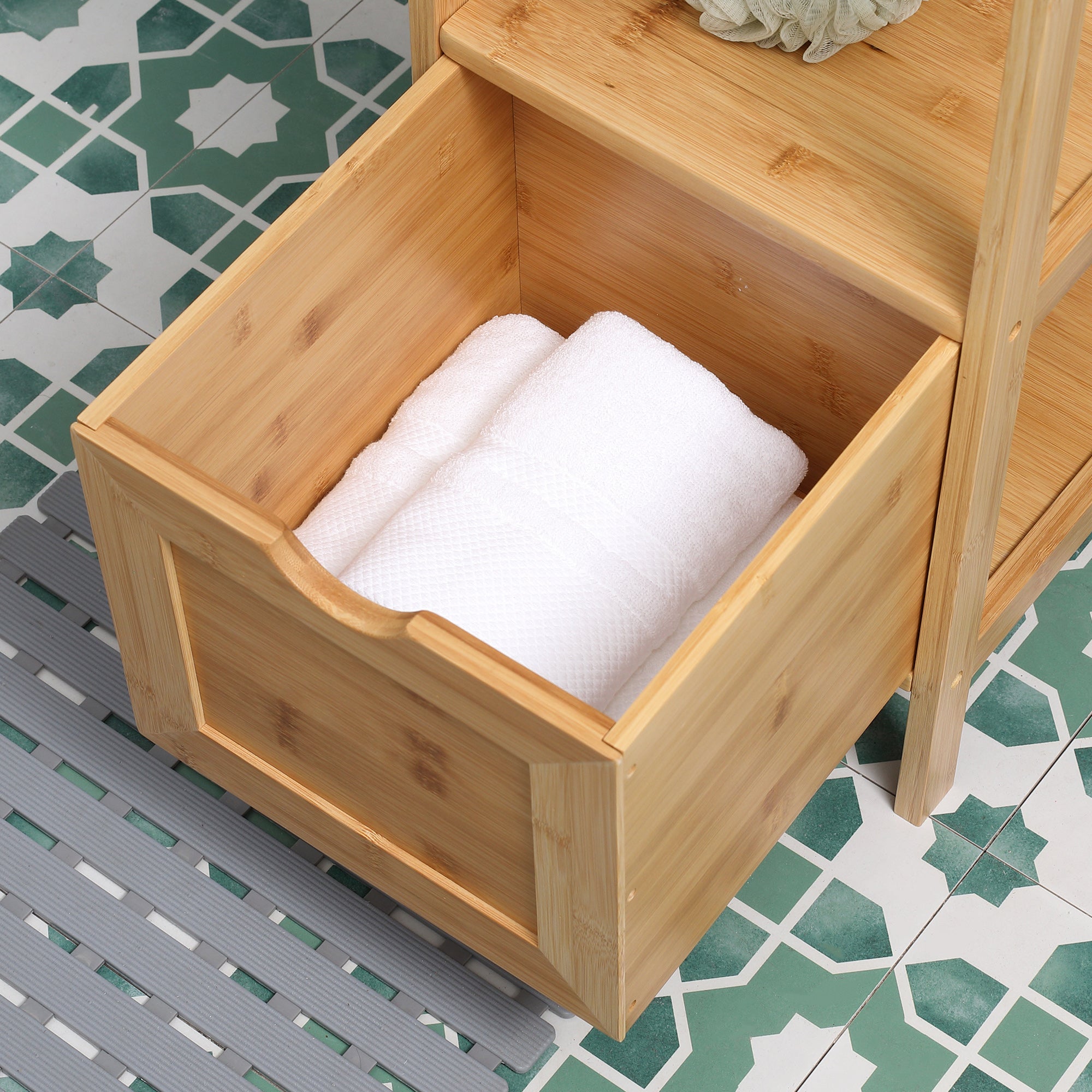 Kleankin Bathroom Cabinet, Tall with 3 Shelves 2 Drawers, Bamboo
