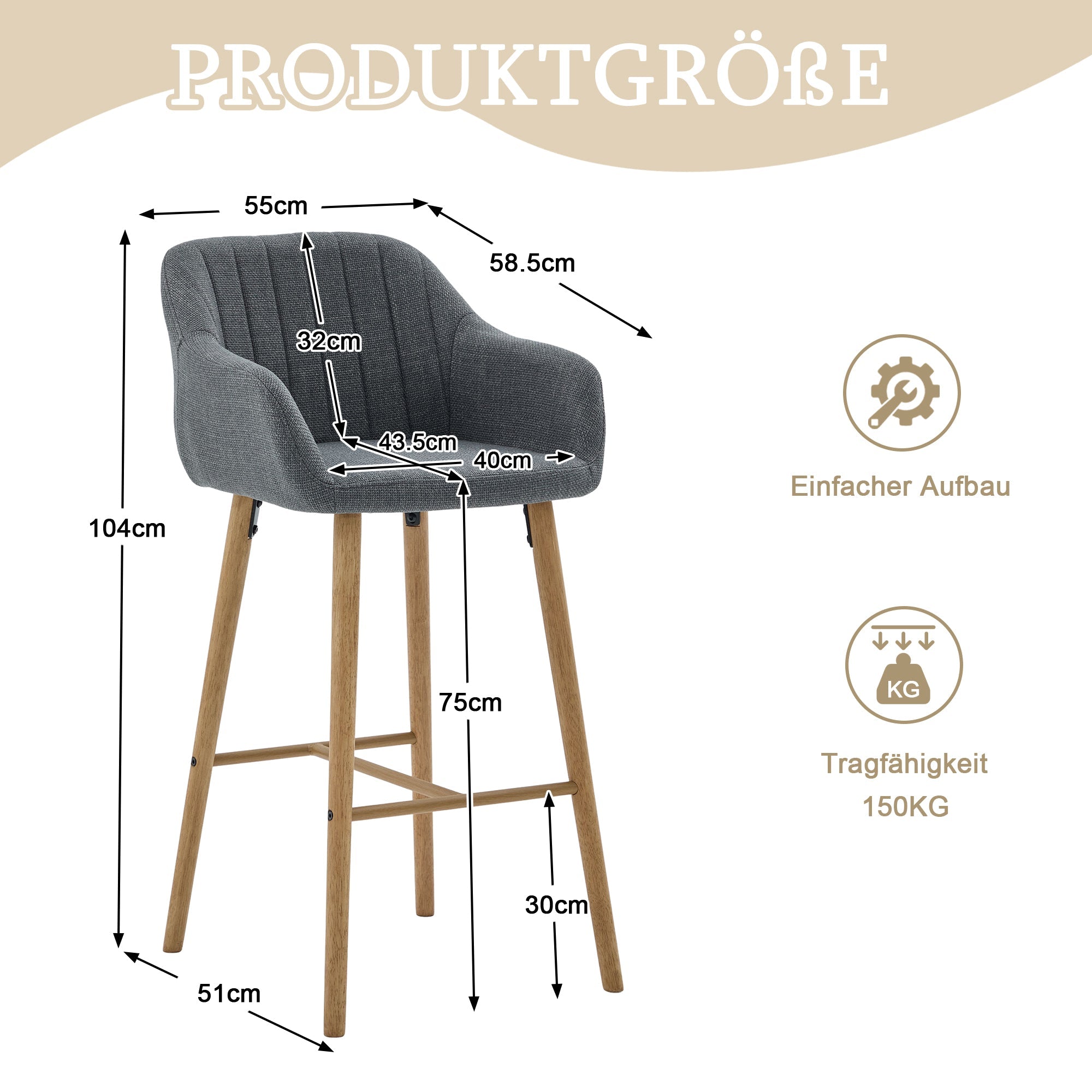 Modern Bar Stools Set of 2 with High Backrest and Armrests, Beige Linen