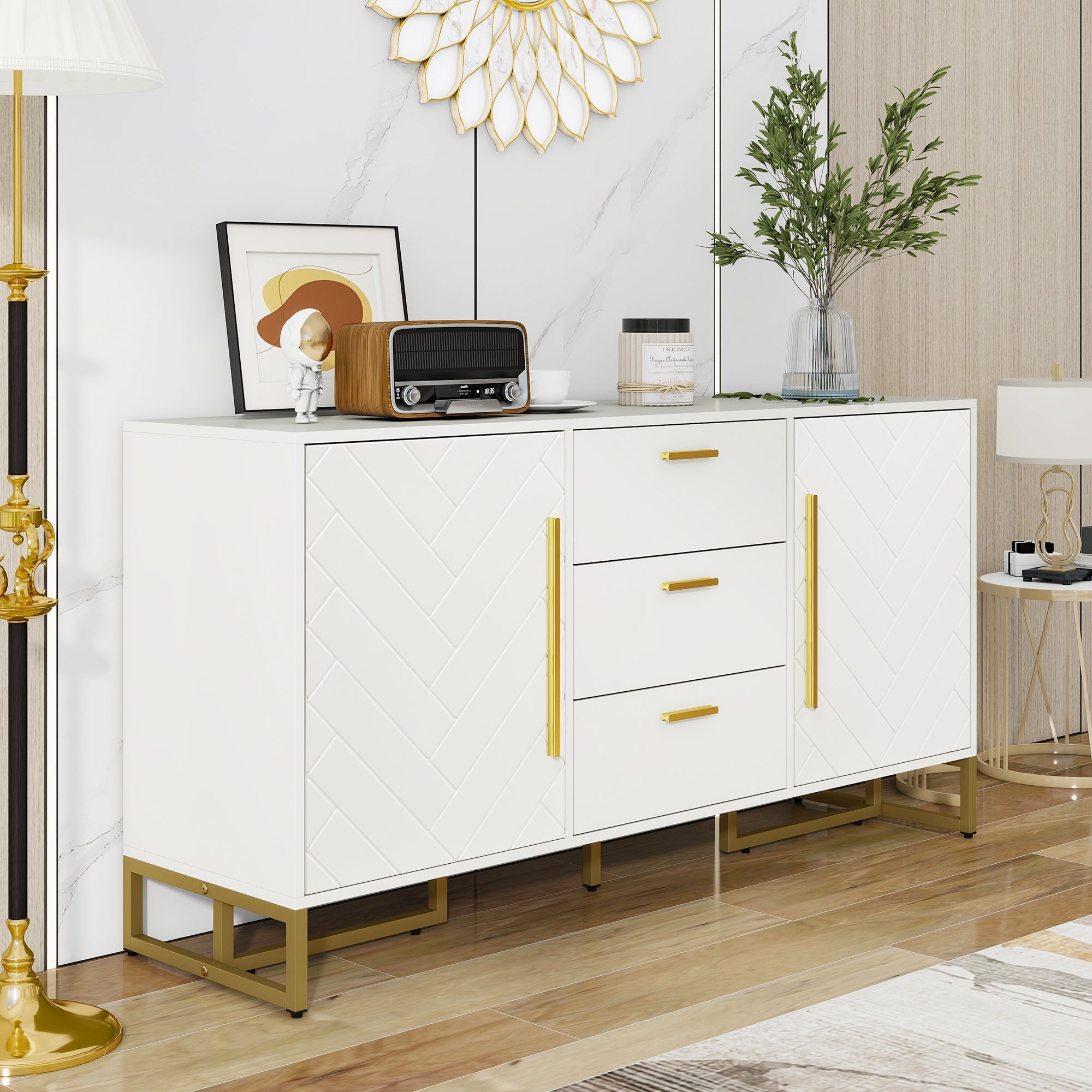 Sideboard Herringbone Pattern 2 Doors 3 Drawers - White