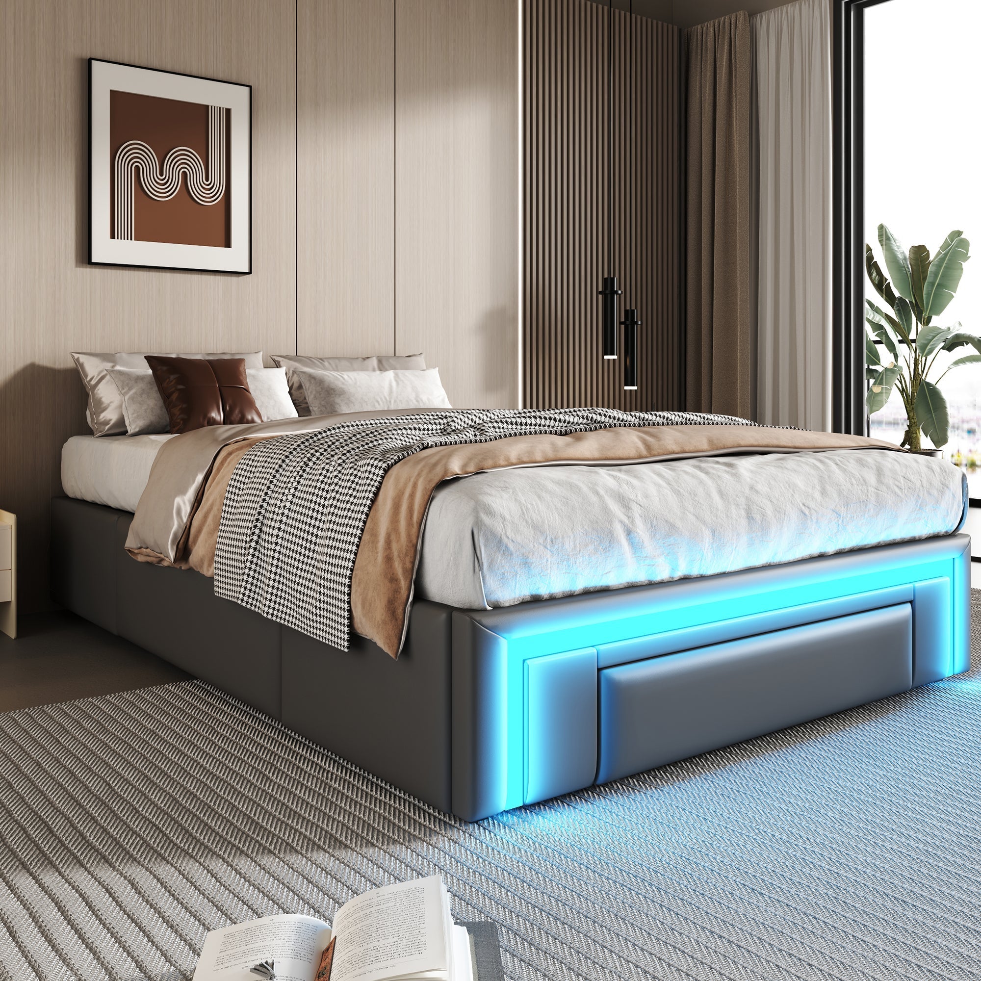 Bed Frame 90x200 Drawers LED Light Metal Slat Platform PU Leather, Grey