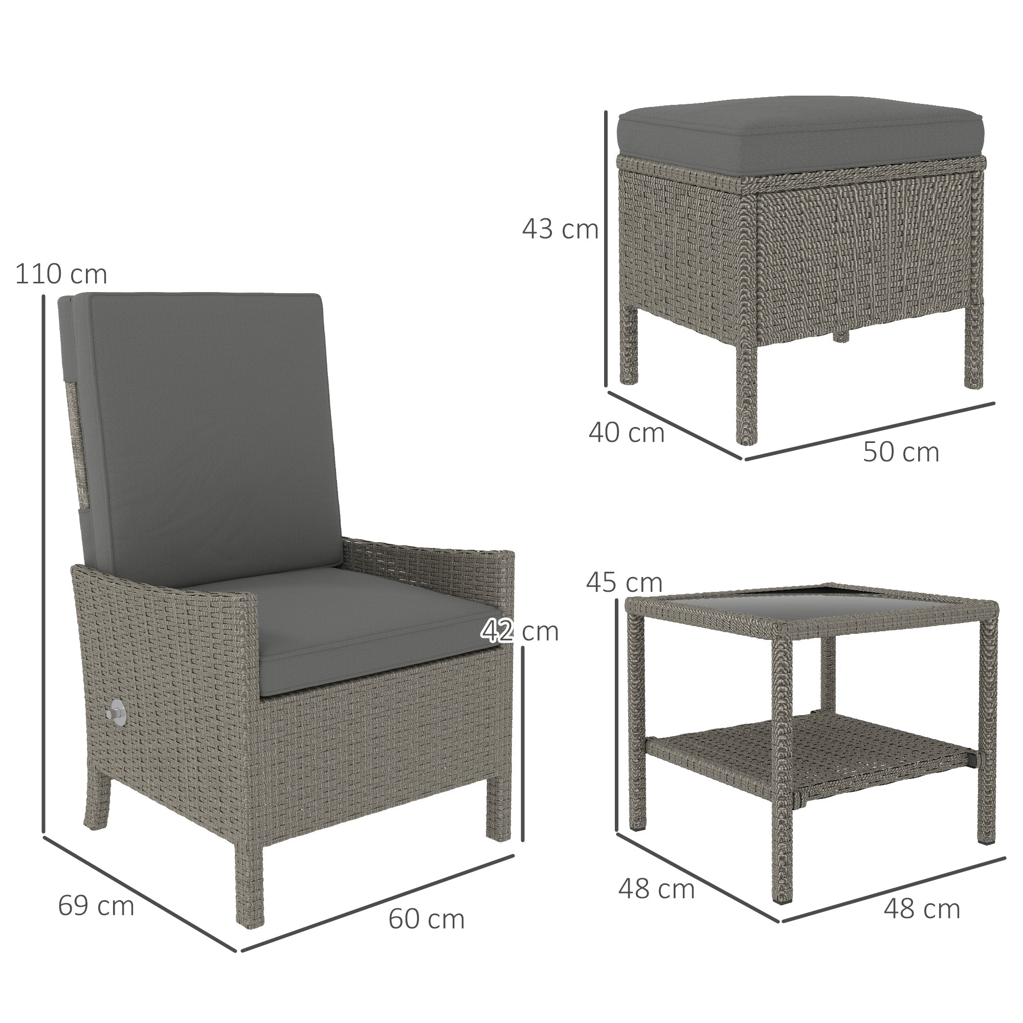 5 Piece Rattan Garden Furniture Set with Adjustable Armchairs and Glass Table, Dark Grey Wicker