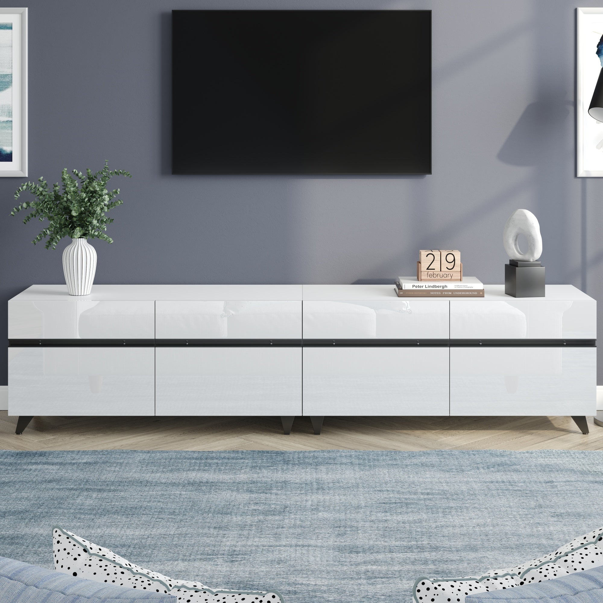 TV Cabinet High-Gloss Lowboard 4 Cabinets Adjustable Dividers 180x40x49cm