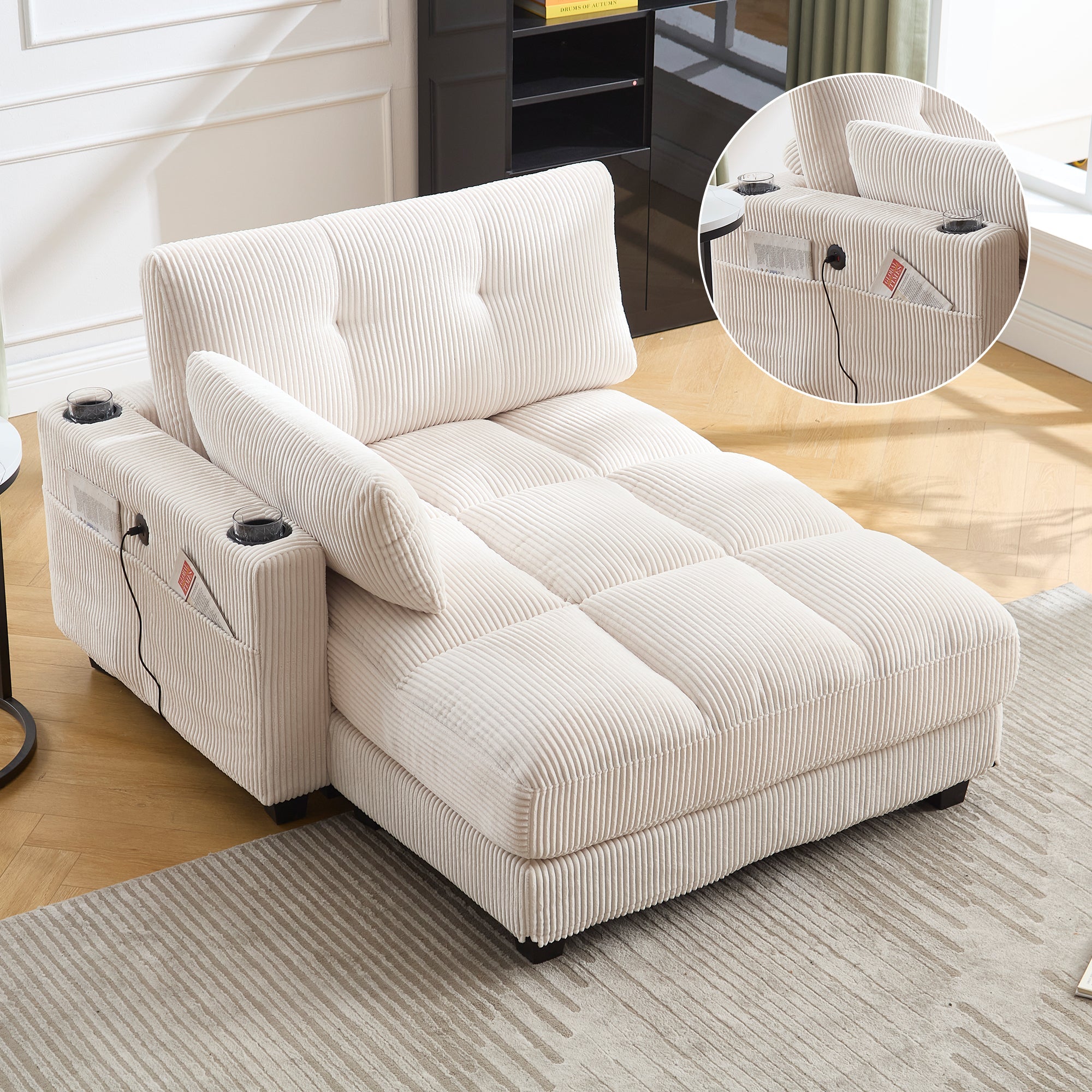 Palm Chair, Fluffy Striped Upholstery with Rolling Cushions & Side Pocket, Beige