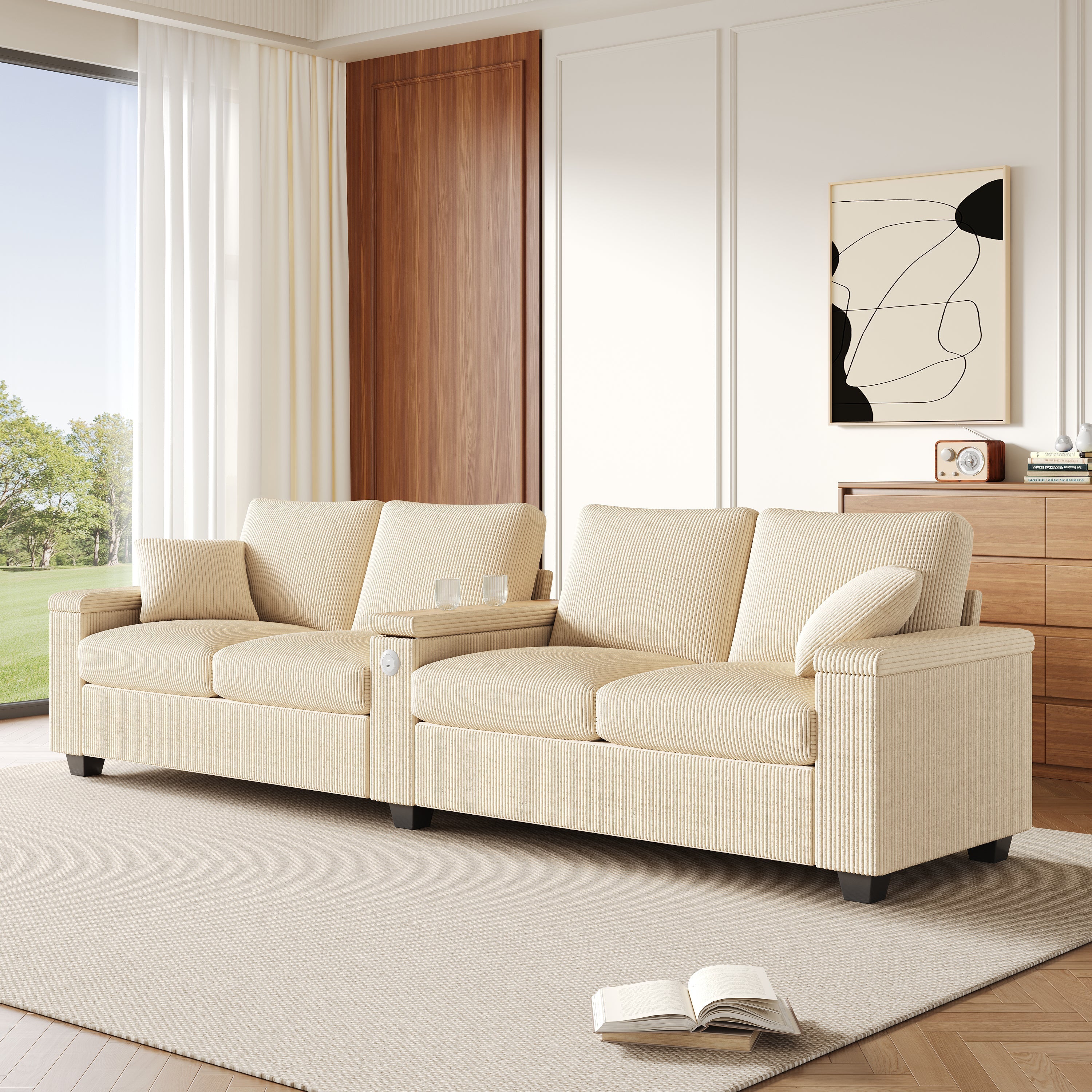 Modern 4-Seater Corduroy Sofa with USB Charging and Storage, Beige