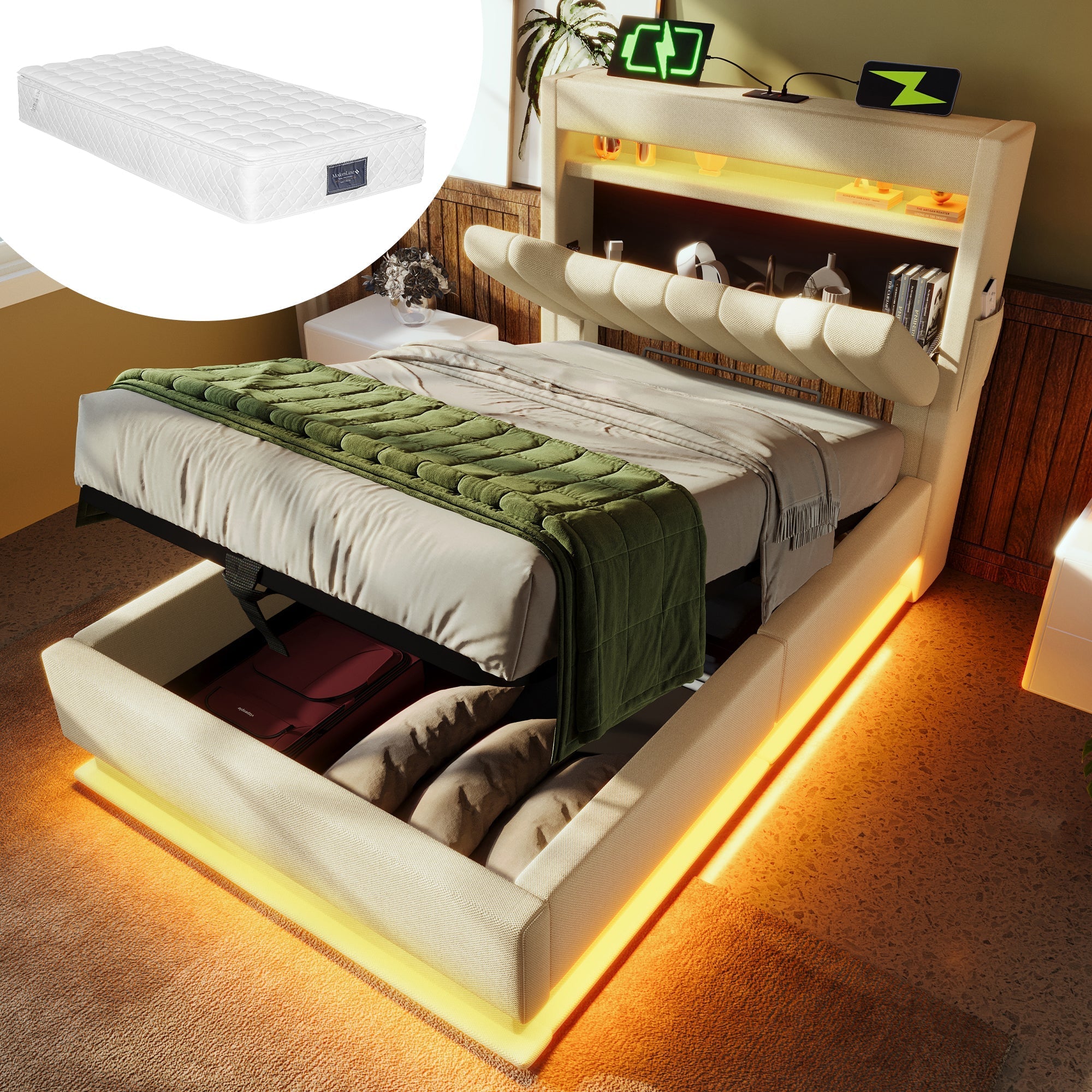 Upholstered Single Bed 90x200cm, Hydraulic Storage LED/USB Headboard, Beige Linen