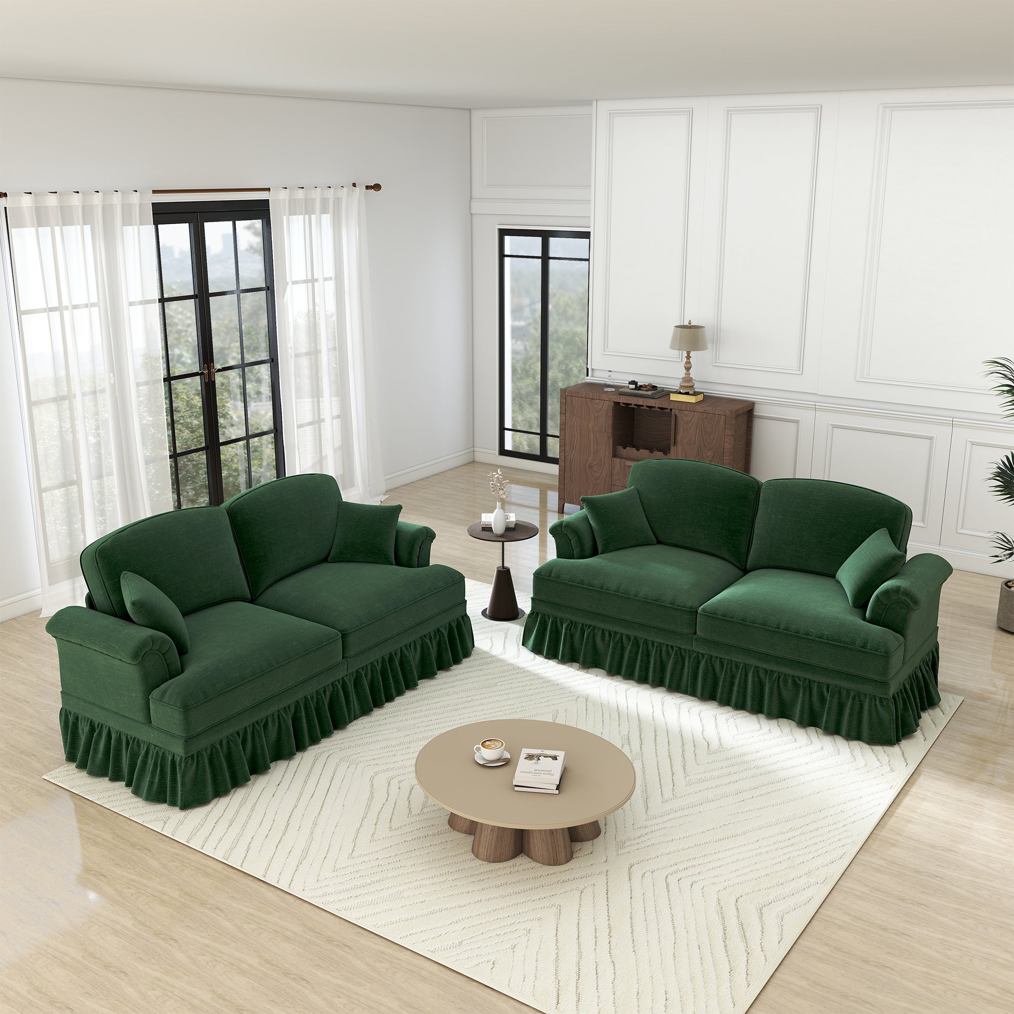 L-Shaped Sofa Mid-Century 2-Seater Movable Ottoman - Green Chenille
