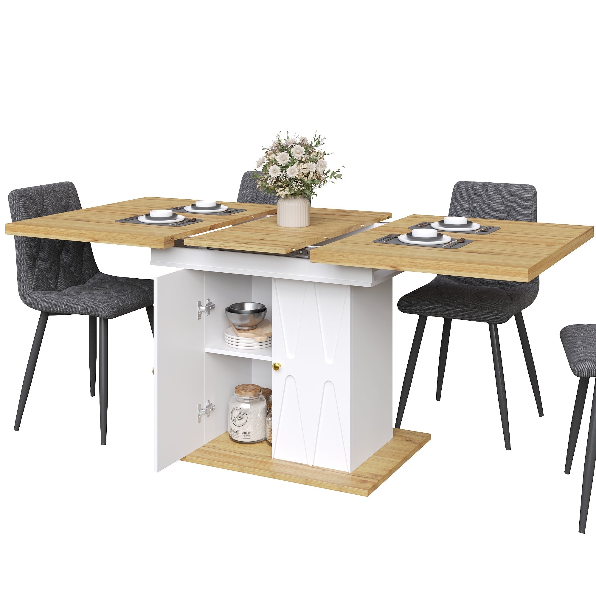 5-Piece Dining Set Extendable Table 110/140cm with 4 Chairs Cotton-Linen Grey