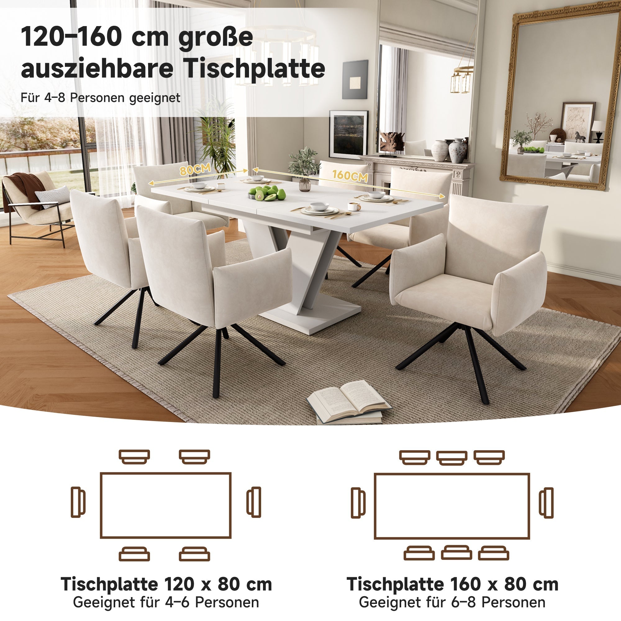 Extendable Dining Table Set with 6 Velvet Chairs and V-Shaped Legs, White and Beige