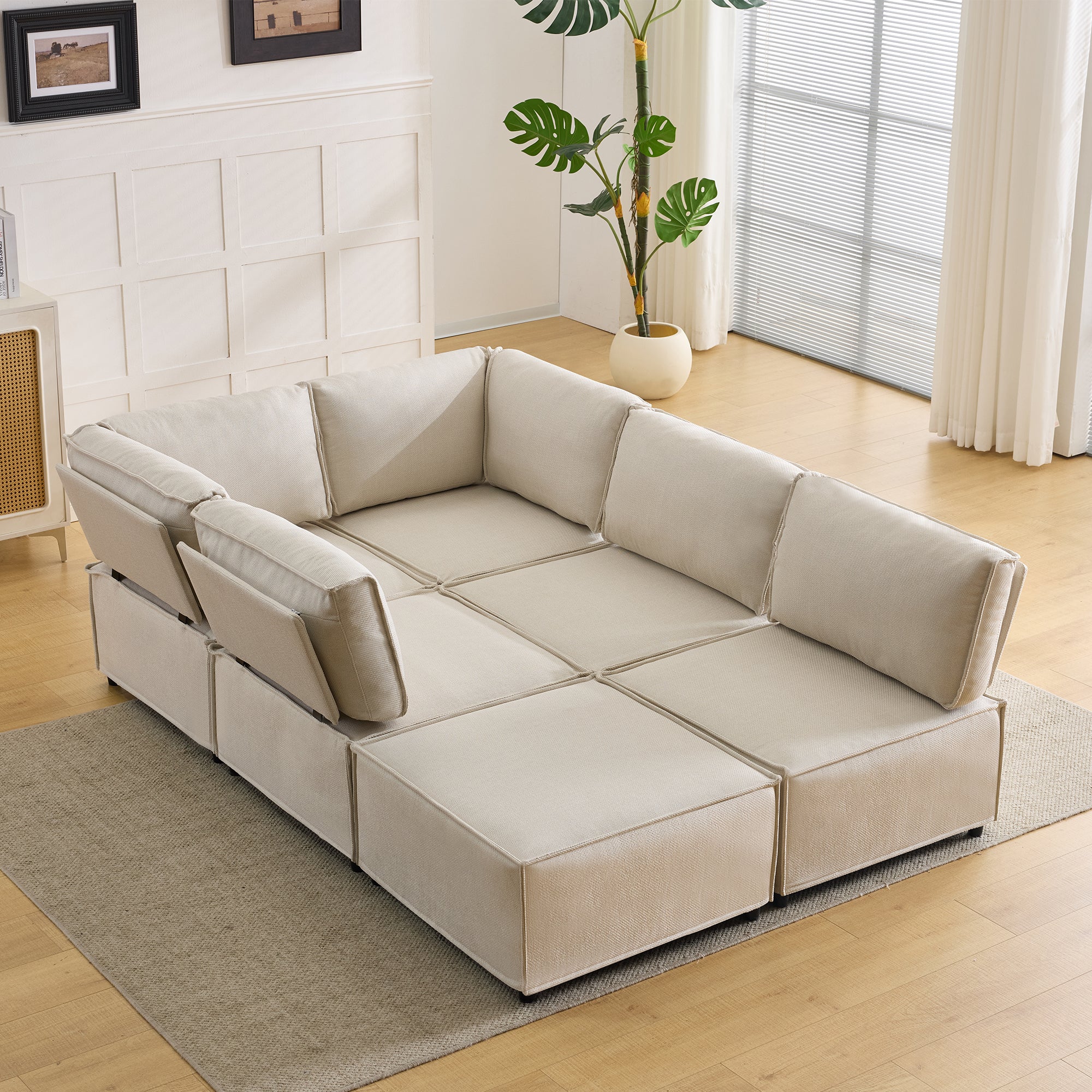 Semi-Compressed Modular Sofa Set, Versatile Flexible Wood Frame, Beige Linen Fabric