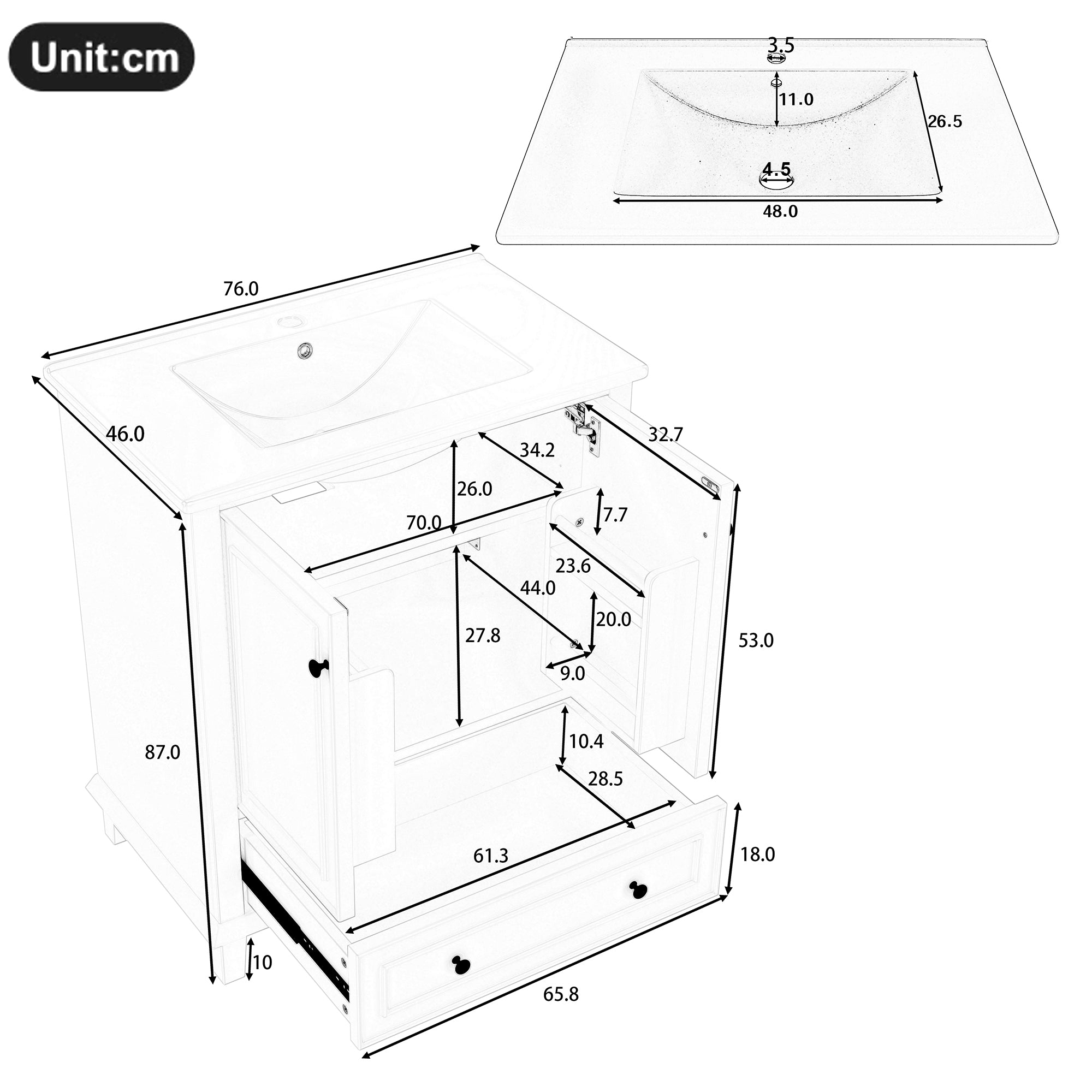 Floor-standing Bathroom Cabinet with Integrated Ceramic Washbasin and Solid Wood Legs, Grey