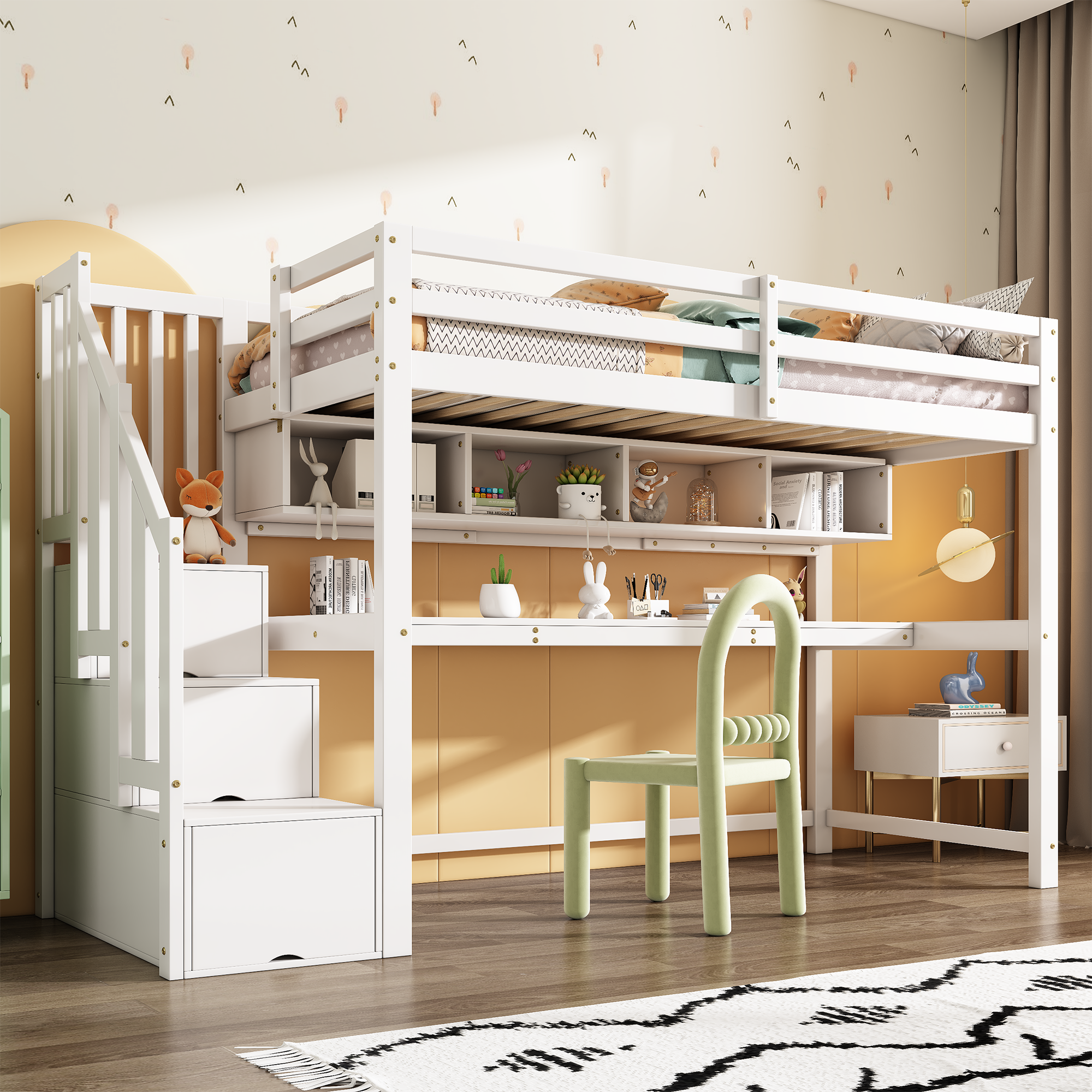 Loft Bed with Storage Stairs, Desk and Shelves, 90x200cm, White Solid Wood + MDF