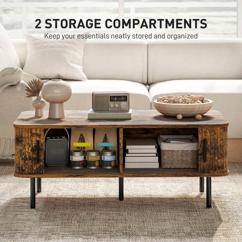 Coffee Table with Storage, Rectangular Slatted Sliding Doors, Rustic Brown