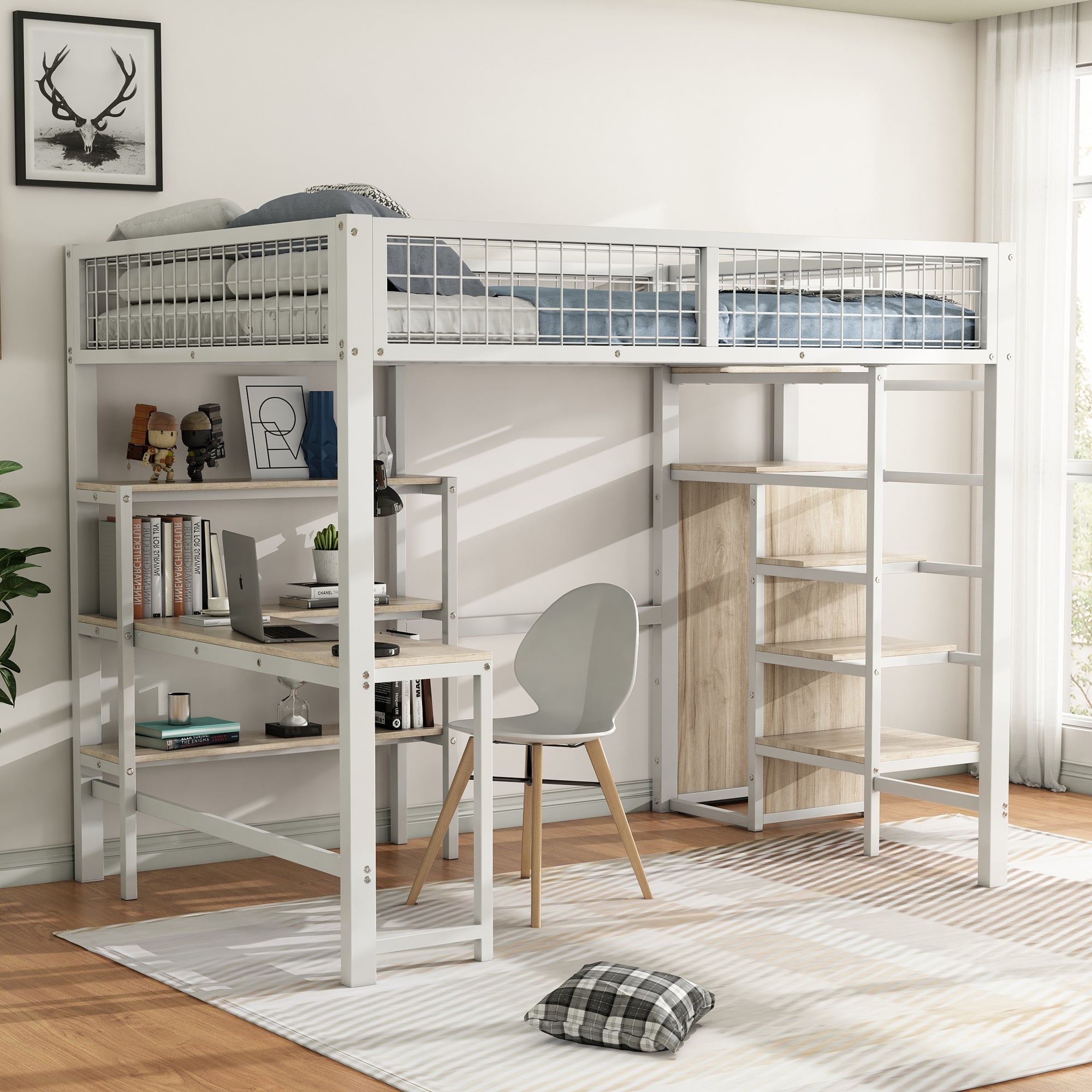 Loft Bed 140x200cm Iron Frame with Storage Ladder Shelves Wardrobe Desk White