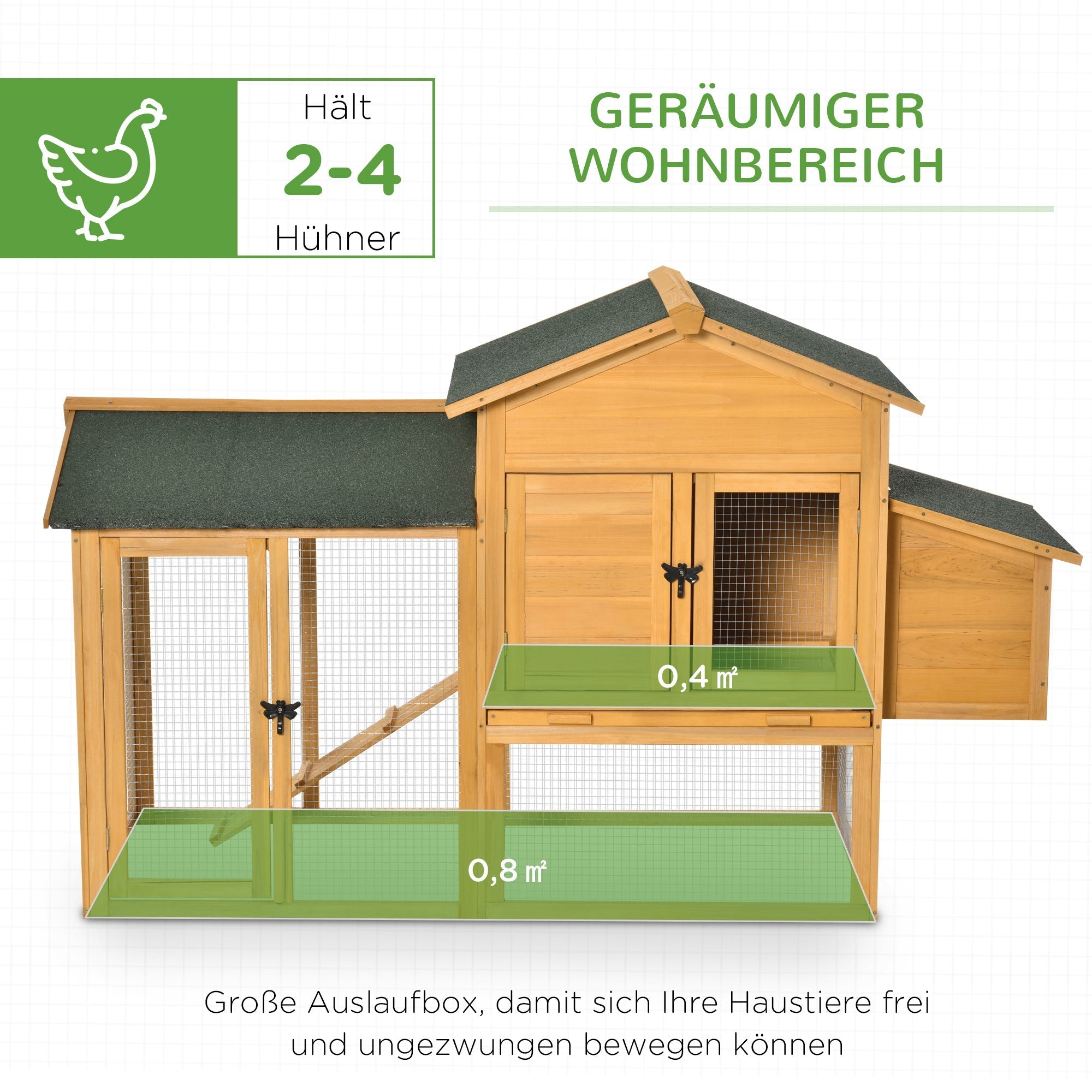 Hühnerstall für Zwerghühner mit Auslauf und Nistkasten, aus Tannenholz, Gelbgrün