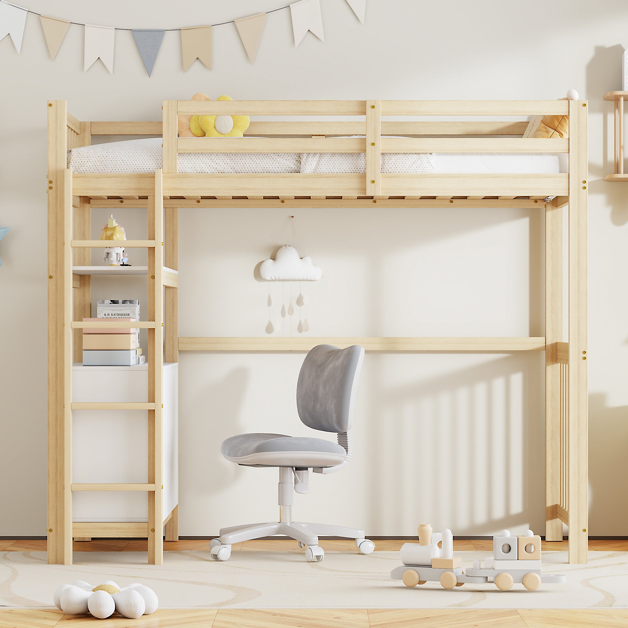 Loft Bed 90*200cm with Ladder, Drawers, Shelves, Pinewood, White & Wood