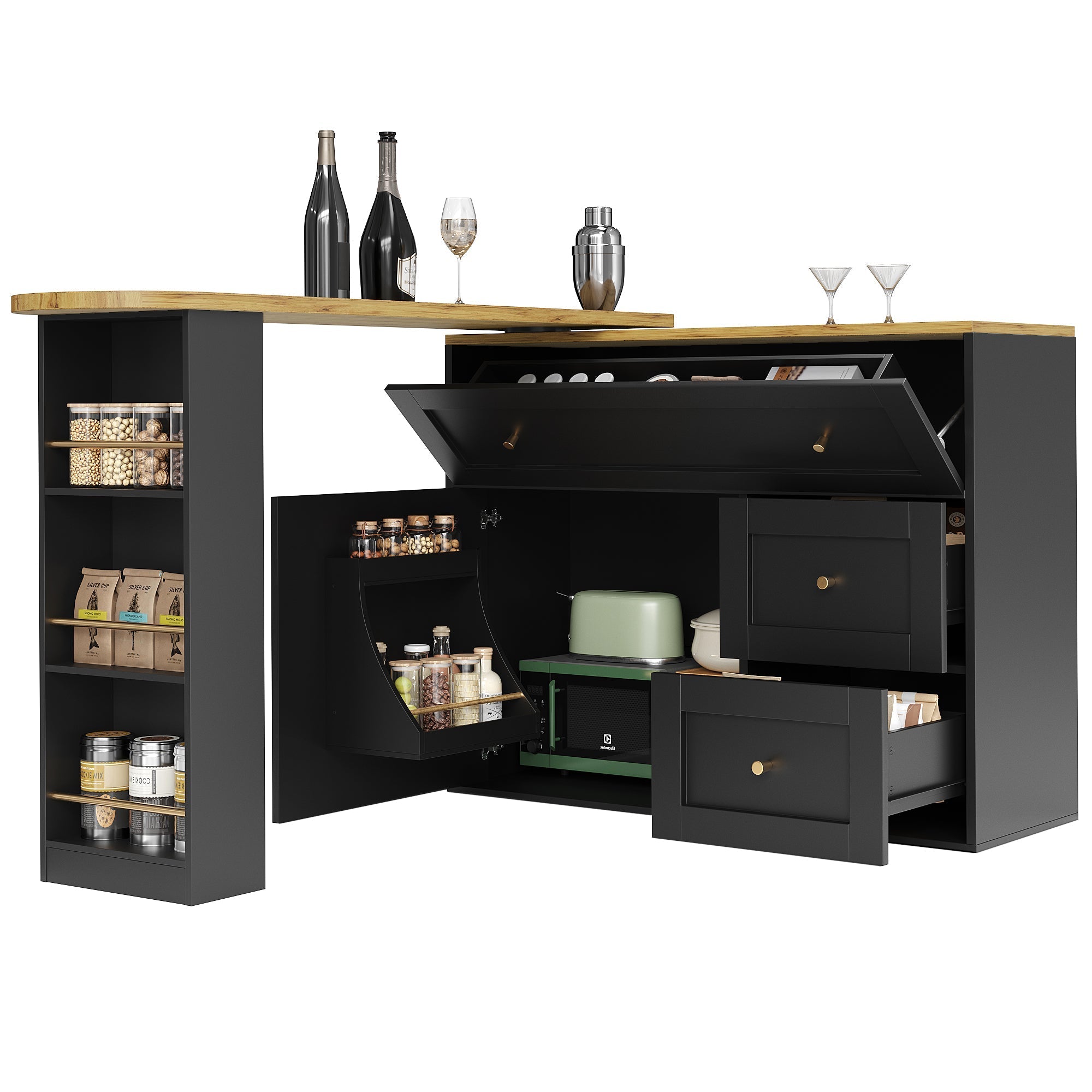 Extendable Bar Table with Storage and Snack Shelf, Black
