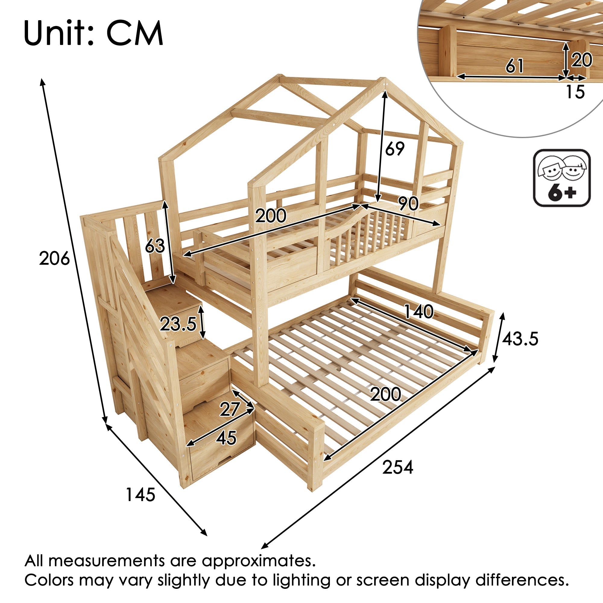 Bunk House Bed with Stair Storage and Shelves, 90x200cm and 140x200cm, Natural Wood Look