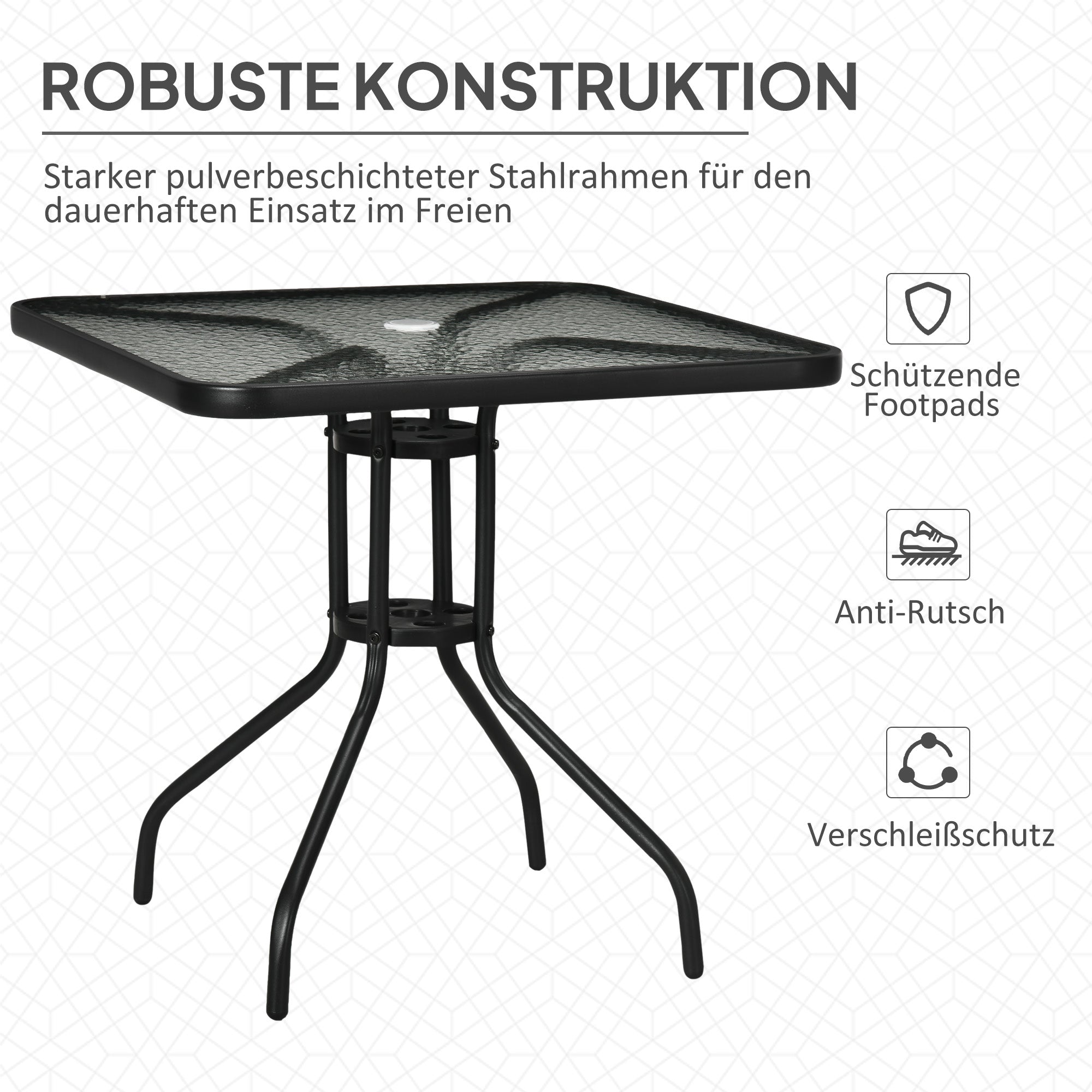 Garden Table Detachable 76x76cm Square Weatherproof with Parasol Hole, Metal Black