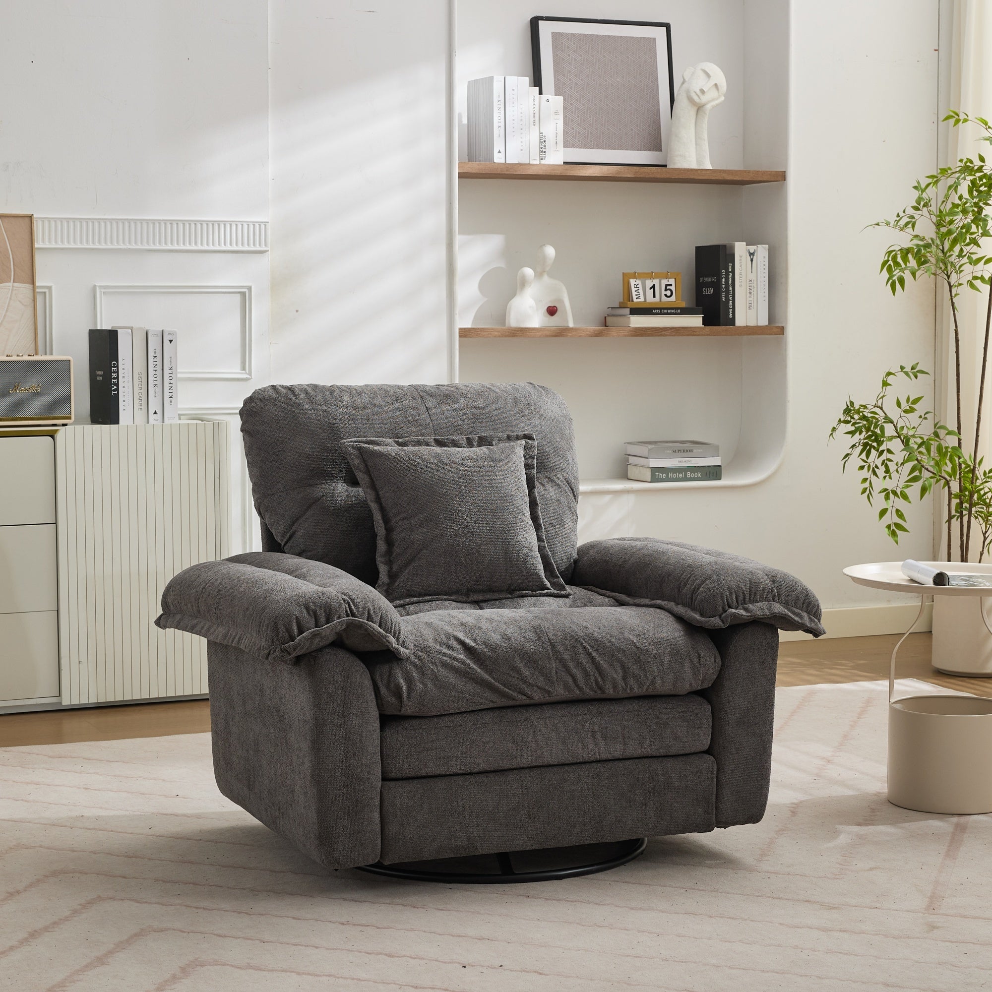360° Swivel Armchair with Support Cushion and Oversized Seat, Chenille