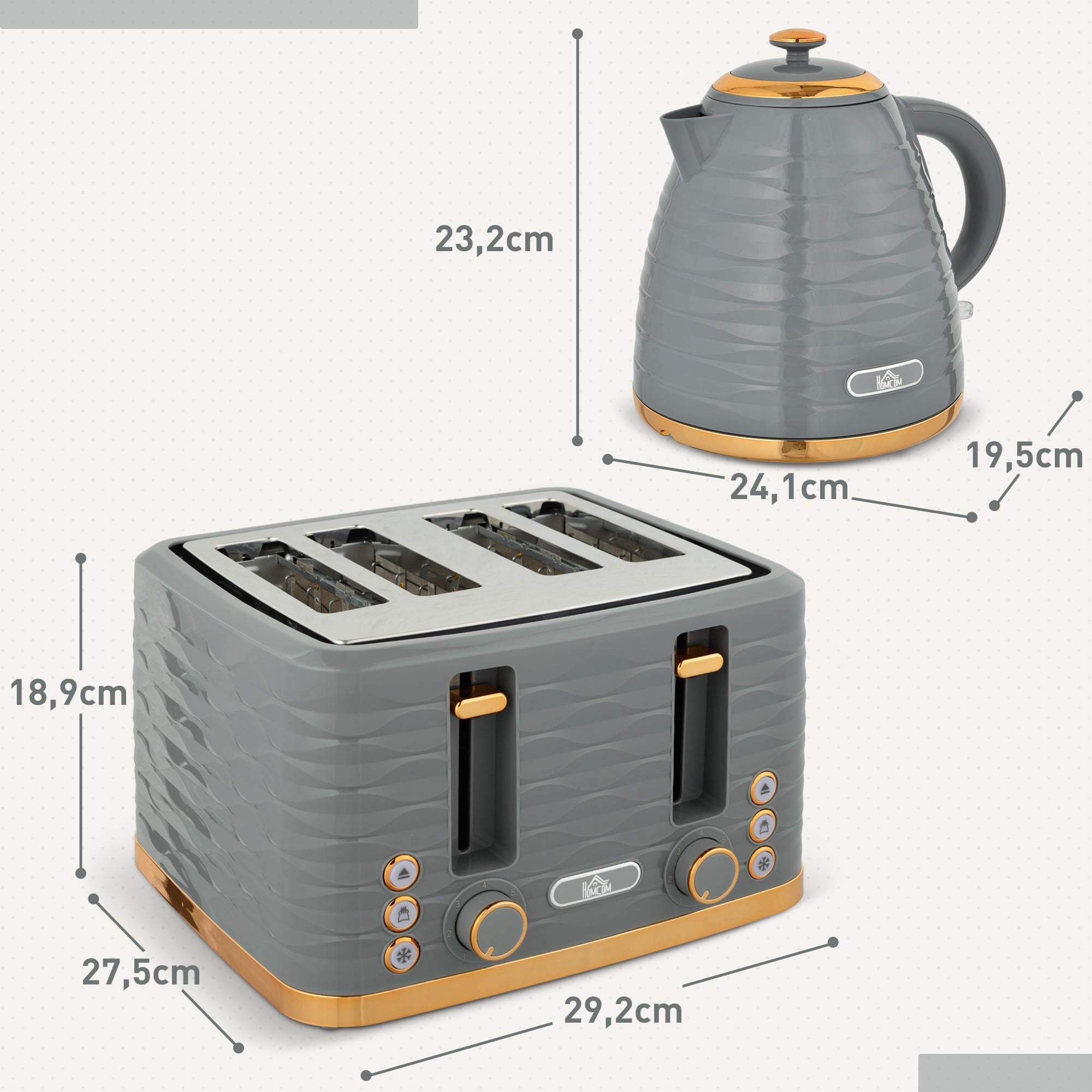 Breakfast Set 1.7L Kettle 4 Slice Toaster 3000W 7 Browning Levels Defrost Reheat Grey