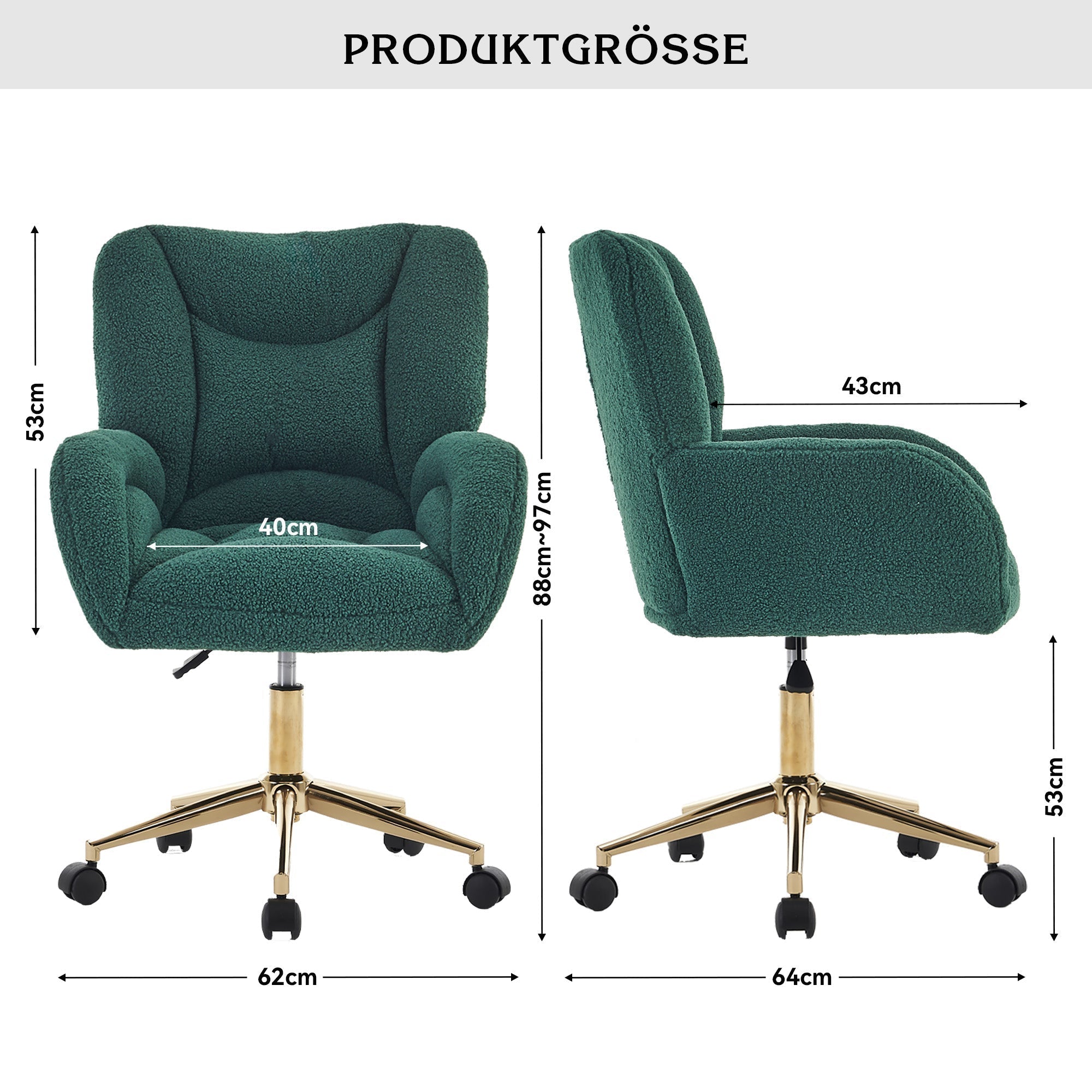 Swivel Chair Adjustable Height Gold Legs Teddy Fabric - Green