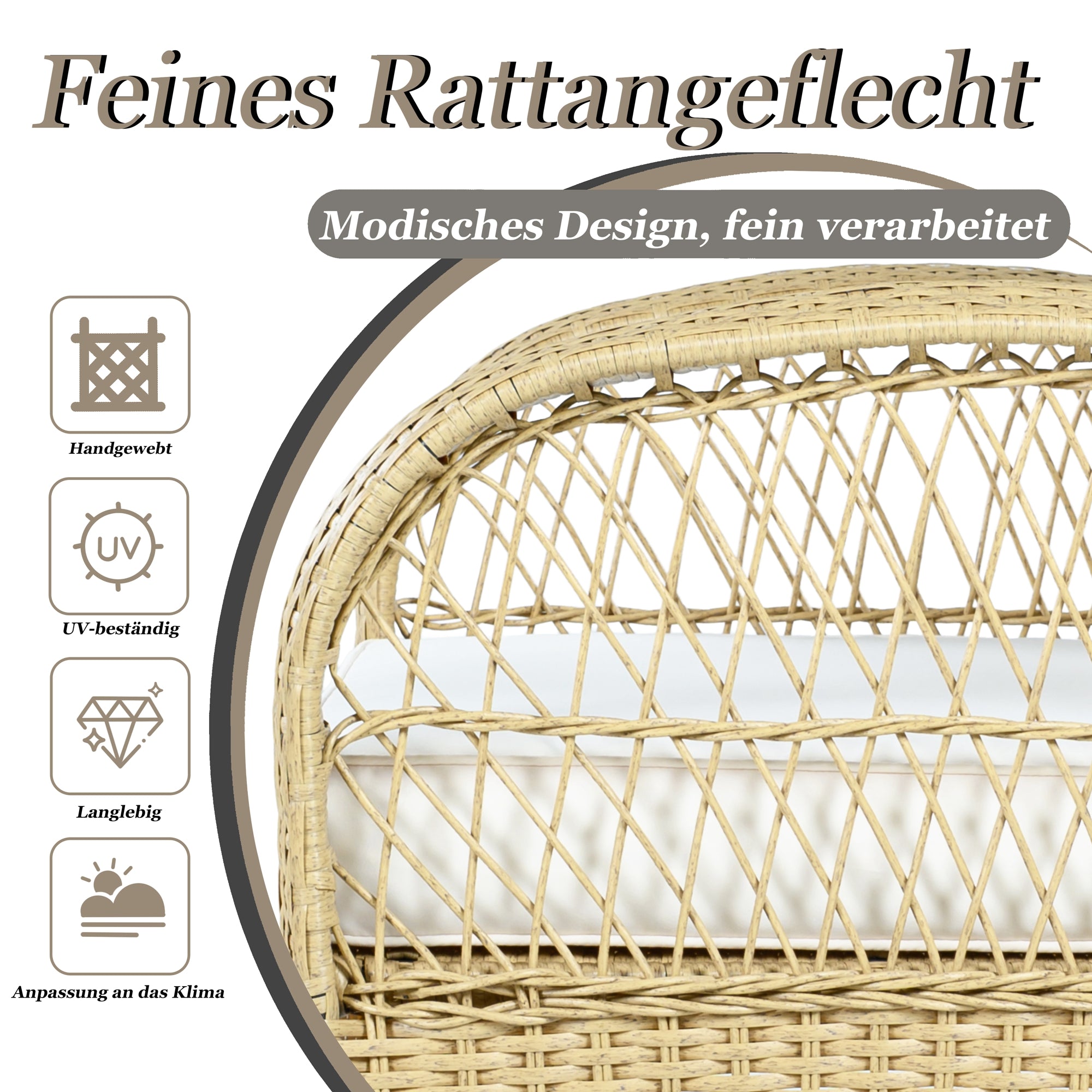 Rattan Balcony Furniture Set, 3-Piece Rocking Chairs with Cushions and 160kg Capacity, Beige Rattan