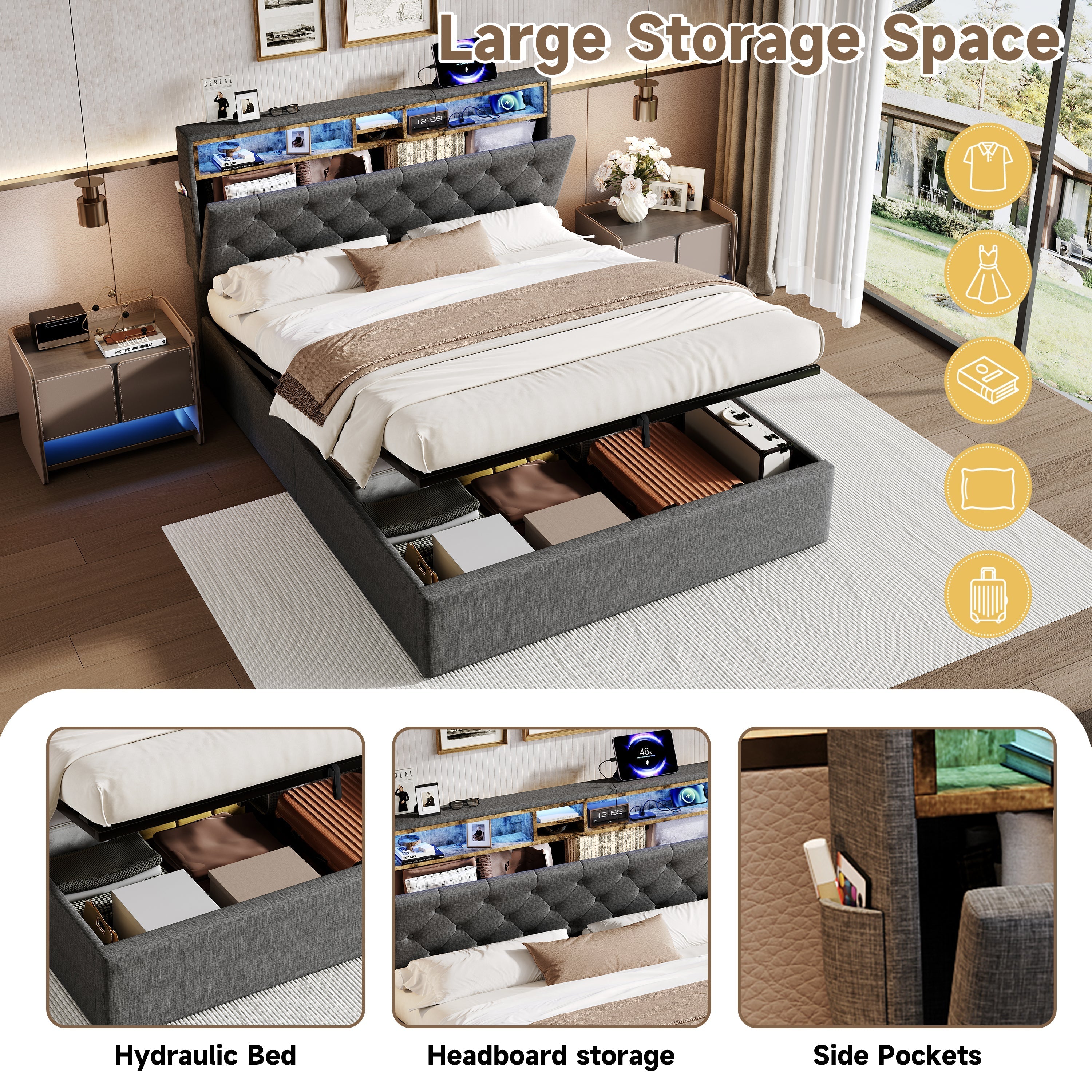 5ft King Upholstered Hydraulic Bed, Headboard Storage & LED Lighting, Linen Grey