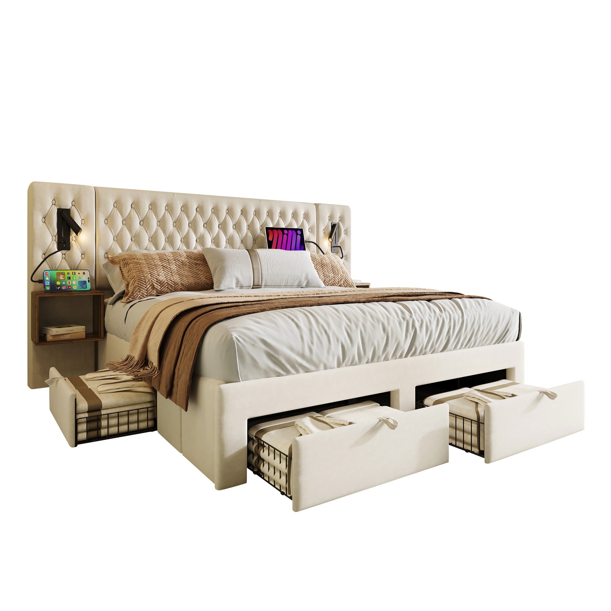 Complete Bedroom Bed Set with 180x200cm Double Bed, 2 Bedside Tables, 4 Drawers and USB Reading Light, Beige Velvet
