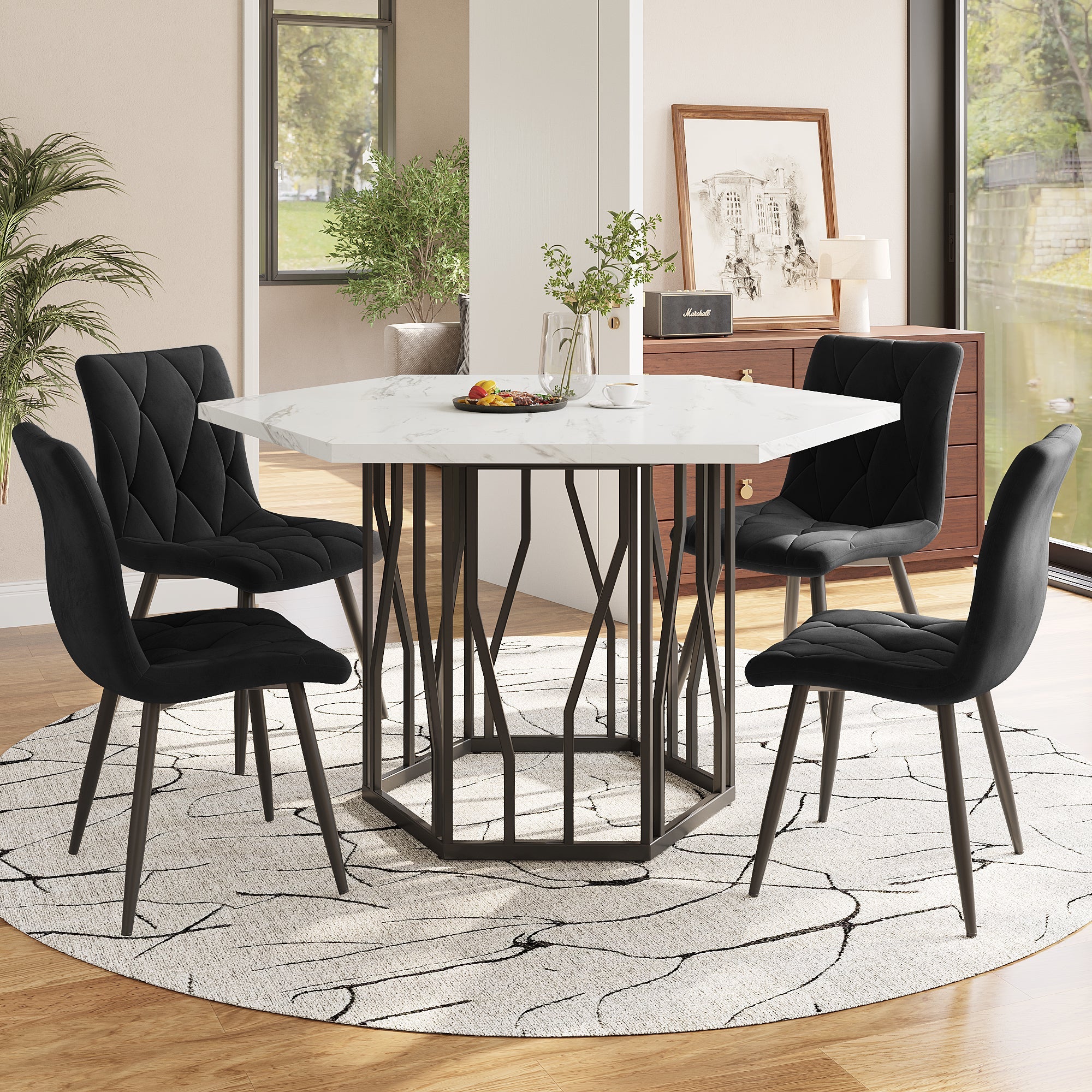 5-Piece Dining Set, Modern Hexagonal Marble Table with 4 Chairs, Black Velvet