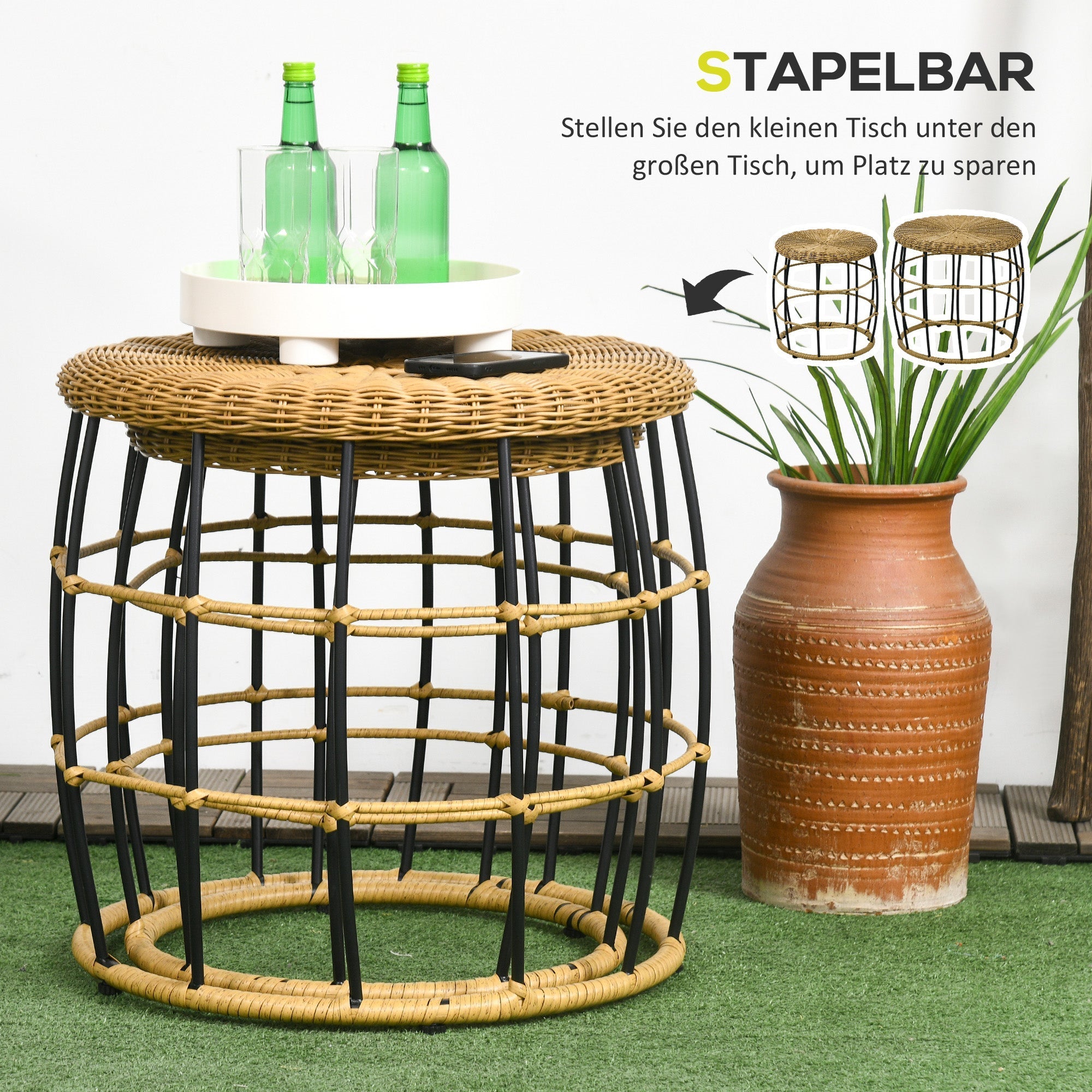 Rattan-Beistelltisch-Set 2-teilig Stapelbarer Couchtisch, Khaki