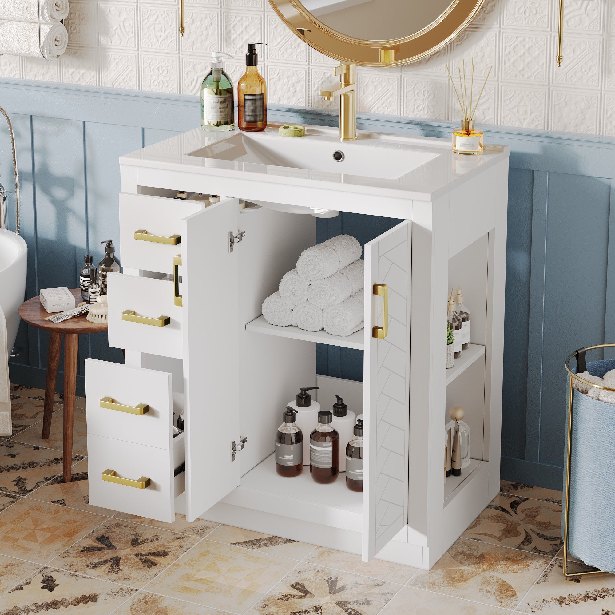 Bathroom Vanity Unit with Ceramic Sink and 3 Drawers, White