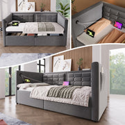 Daybed Upholstered Bed 90 x 190 cm 3FT Single Sofa Bed with Charging Station, Hydraulic Storage, Velvet Grey (No Mattress)