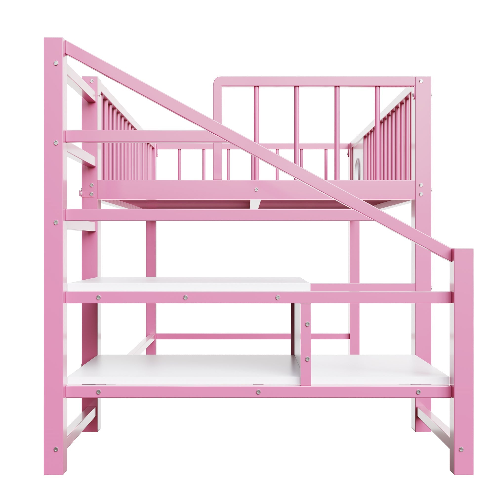 Low Loft Bed for Children with Storage Ladder and Metal Frame, 90x200cm, Pink Metal