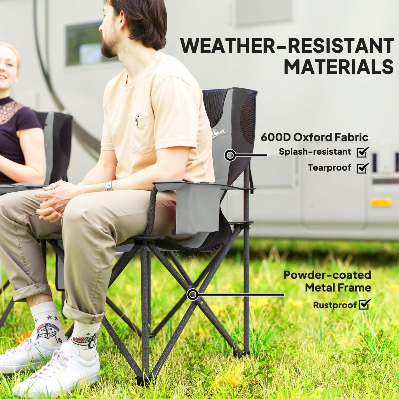 Set of 2 Folding Camping Chairs, Padded Adjustable Armrests Cooler Bag Cup Holder, Grey