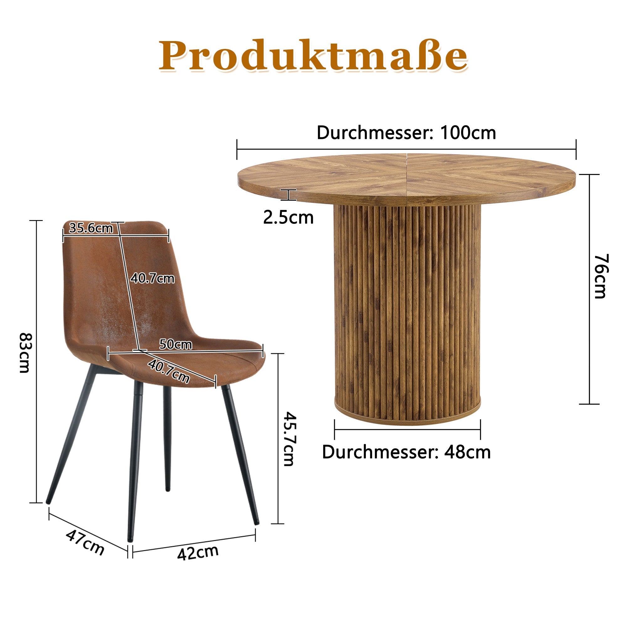 Minimalist Round Dining Set 100cm Table 4 Chairs MDF Wood Look/Brown Fabric