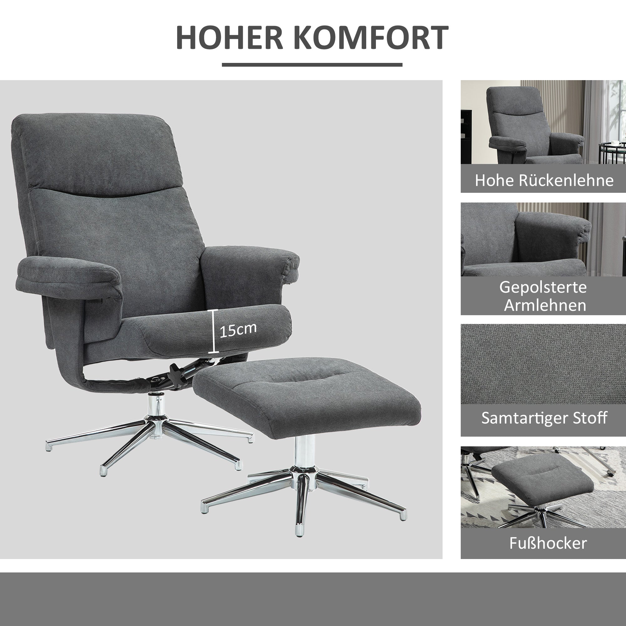 Reclining Armchair with Footstool, Upholstered Velvet Lounge Chair, Dark Grey