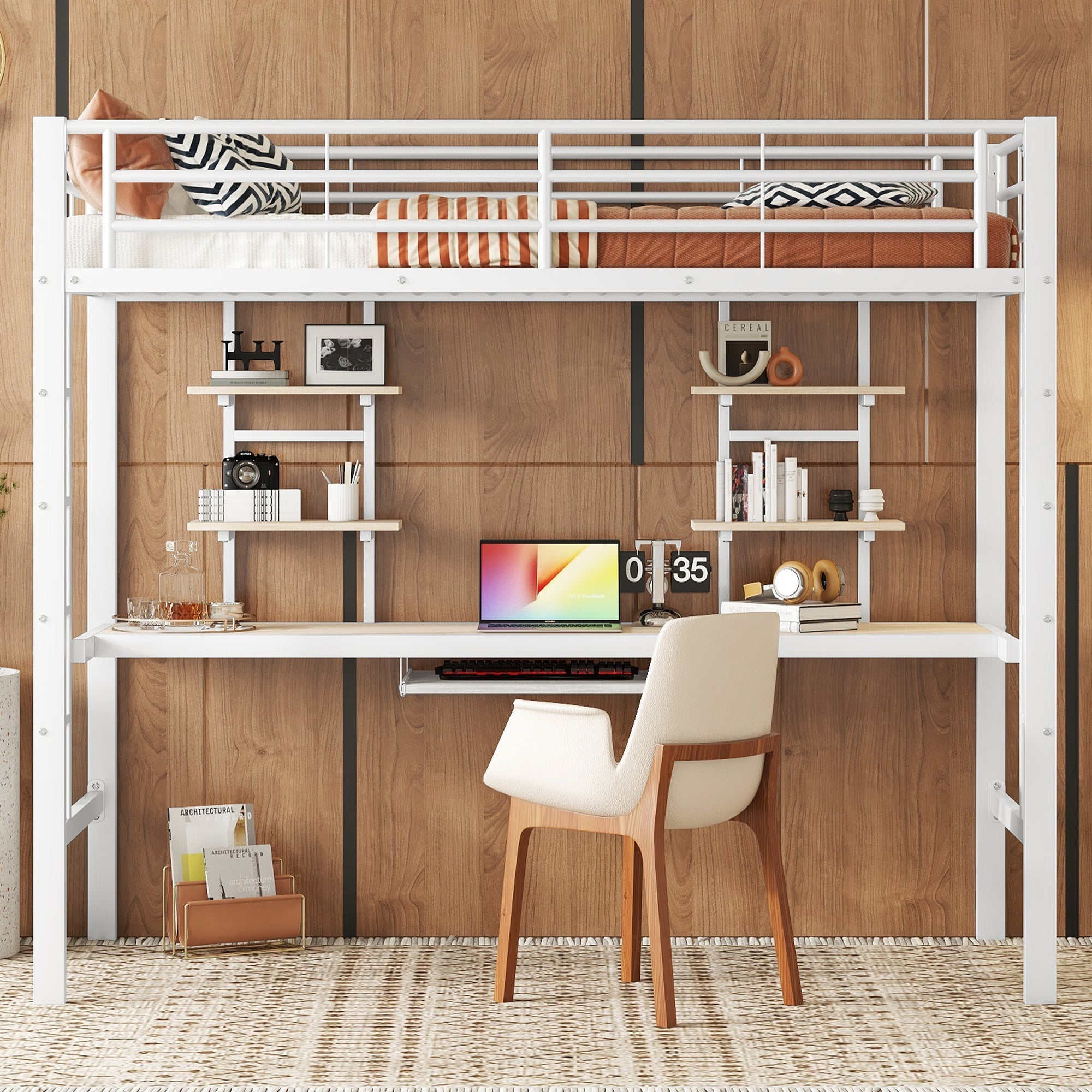 Loft Bed 90x200cm Metal Frame with Desk and 2 Bookshelves White