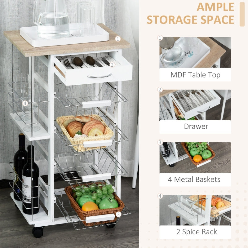 Rolling Kitchen Cart with 4 Basket Drawers & Side Racks, Natural and White